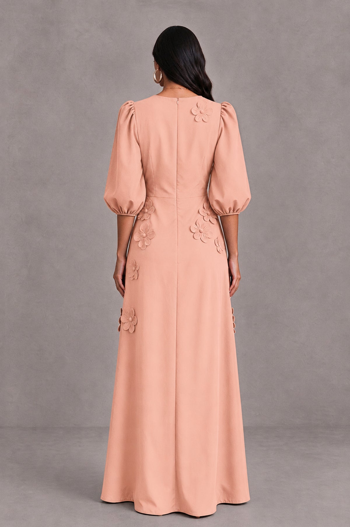 BOLODOO Peach Floral Applique Puff Sleeve A-Line Evening Dress - Peach - Peach (2)