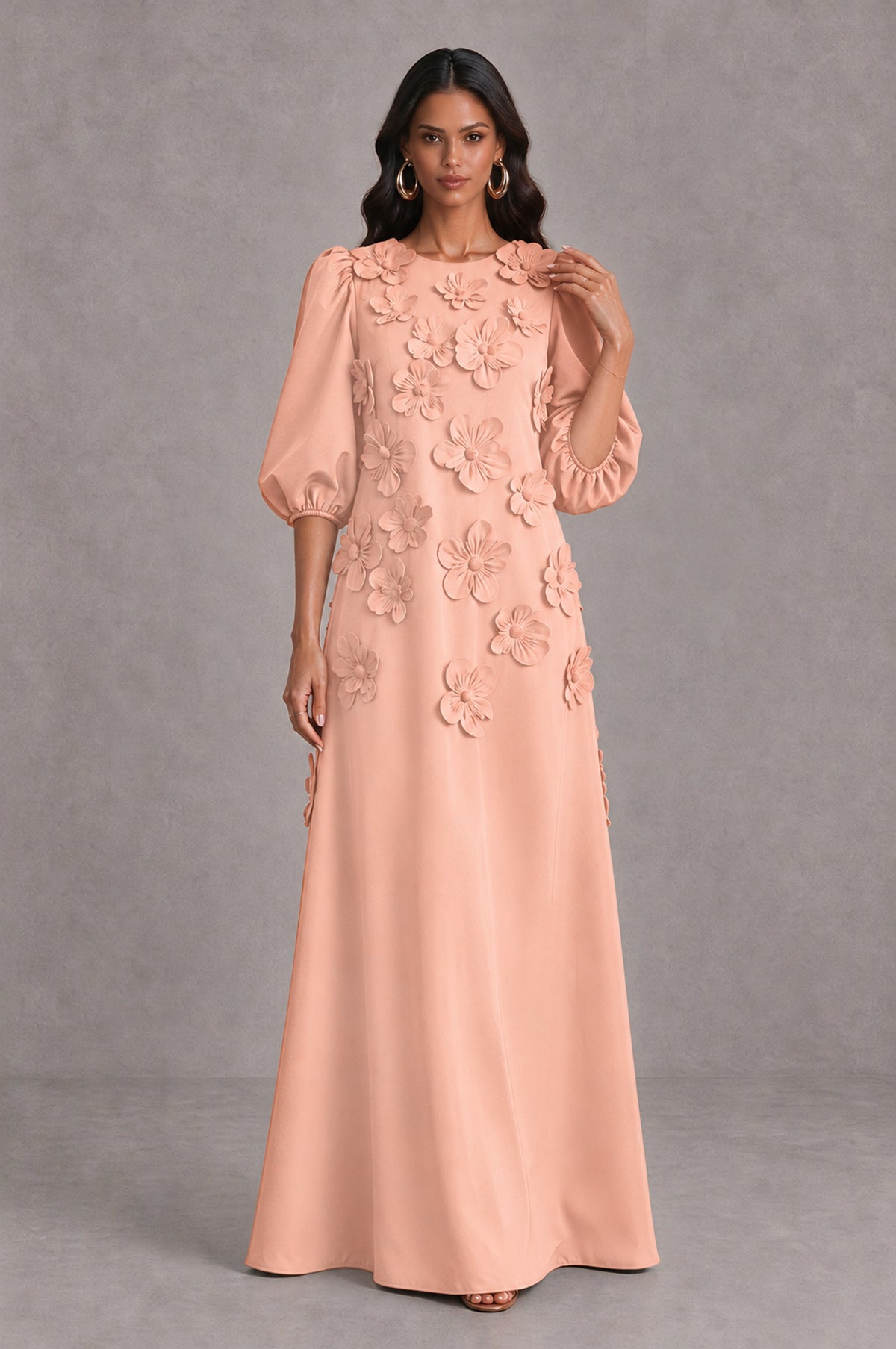 BOLODOO Peach Floral Applique Puff Sleeve A-Line Evening Dress - Peach - Peach (3)