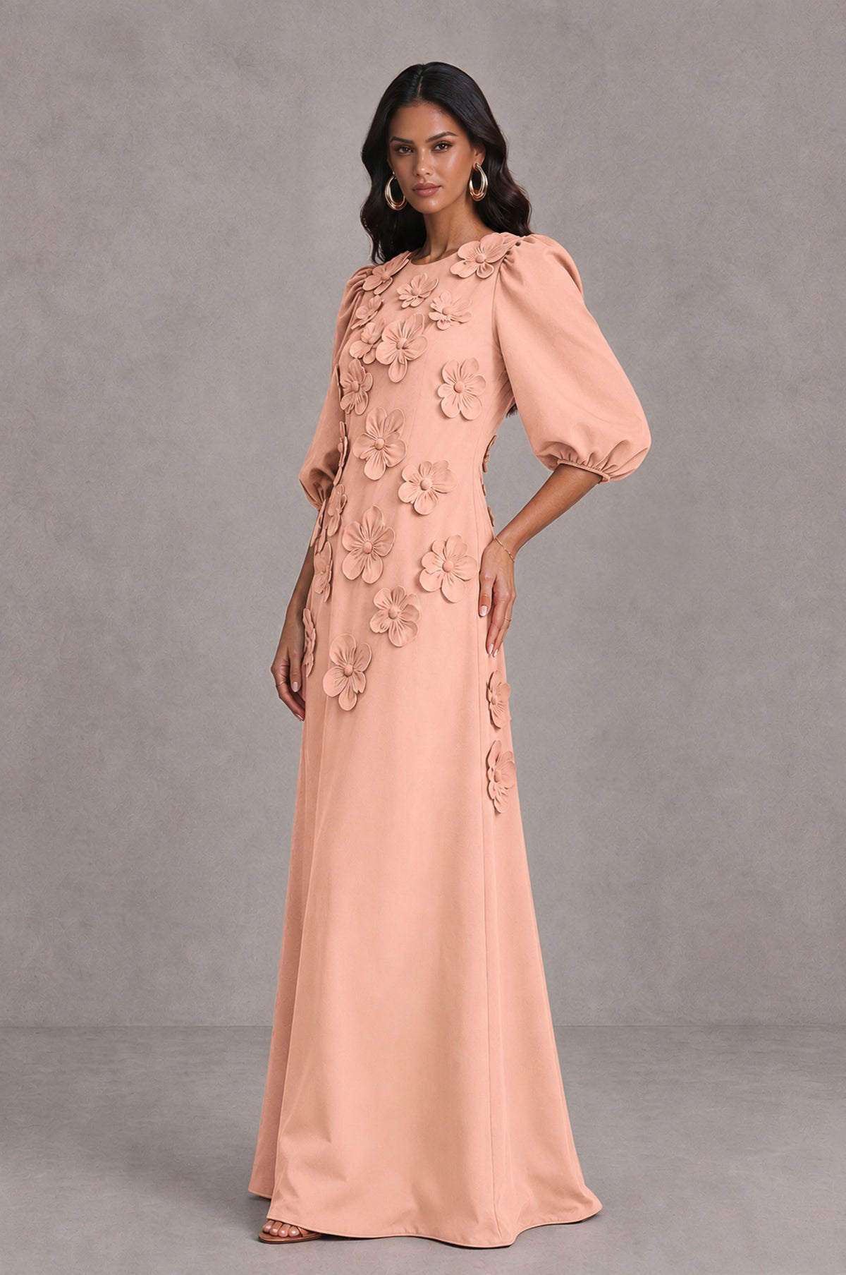 BOLODOO Peach Floral Applique Puff Sleeve A-Line Evening Dress - Peach - Peach (4)
