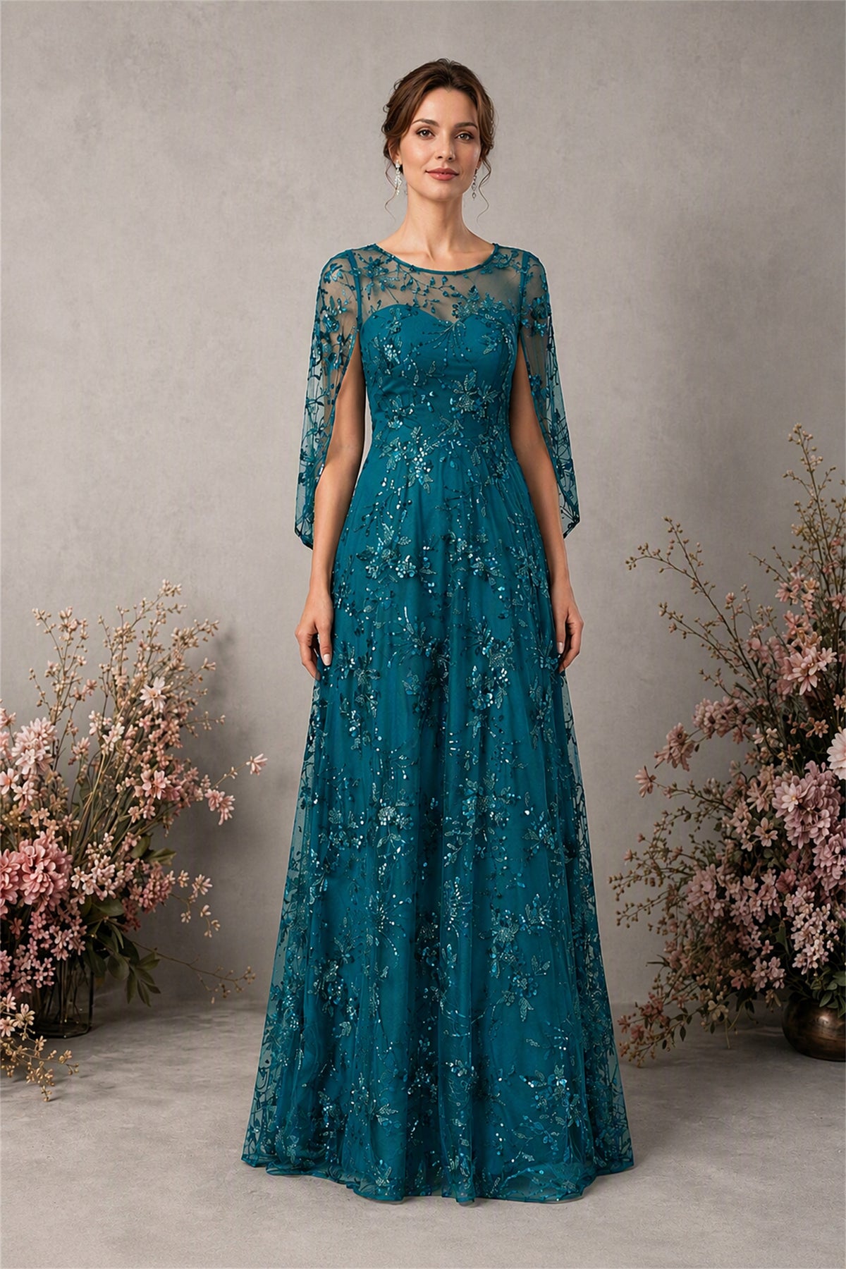 BOLODOO Peacock Sequin Lace Cape Sleeve Formal Evening Gown - Peacock