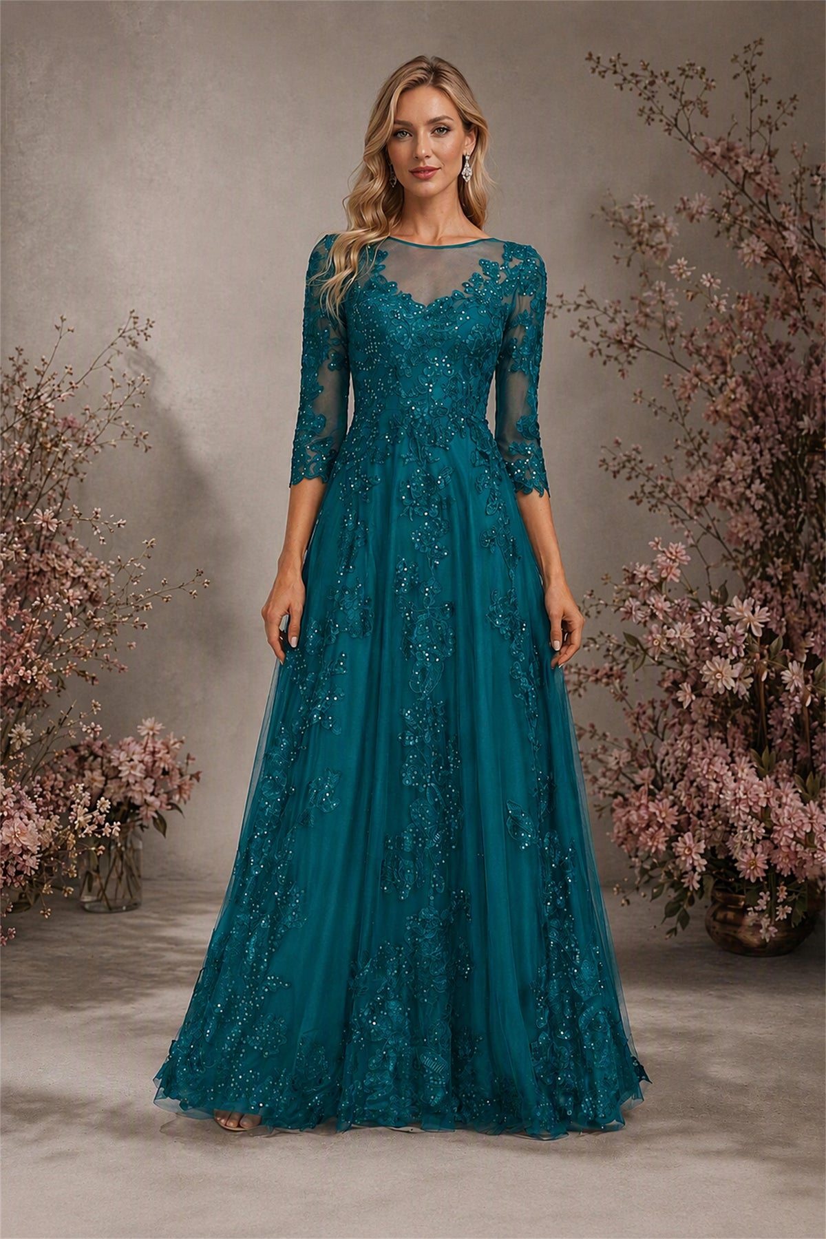 BOLODOO Peacock Sequin Lace 3/4 Sleeve Open Back Formal Evening Gown - Peacock