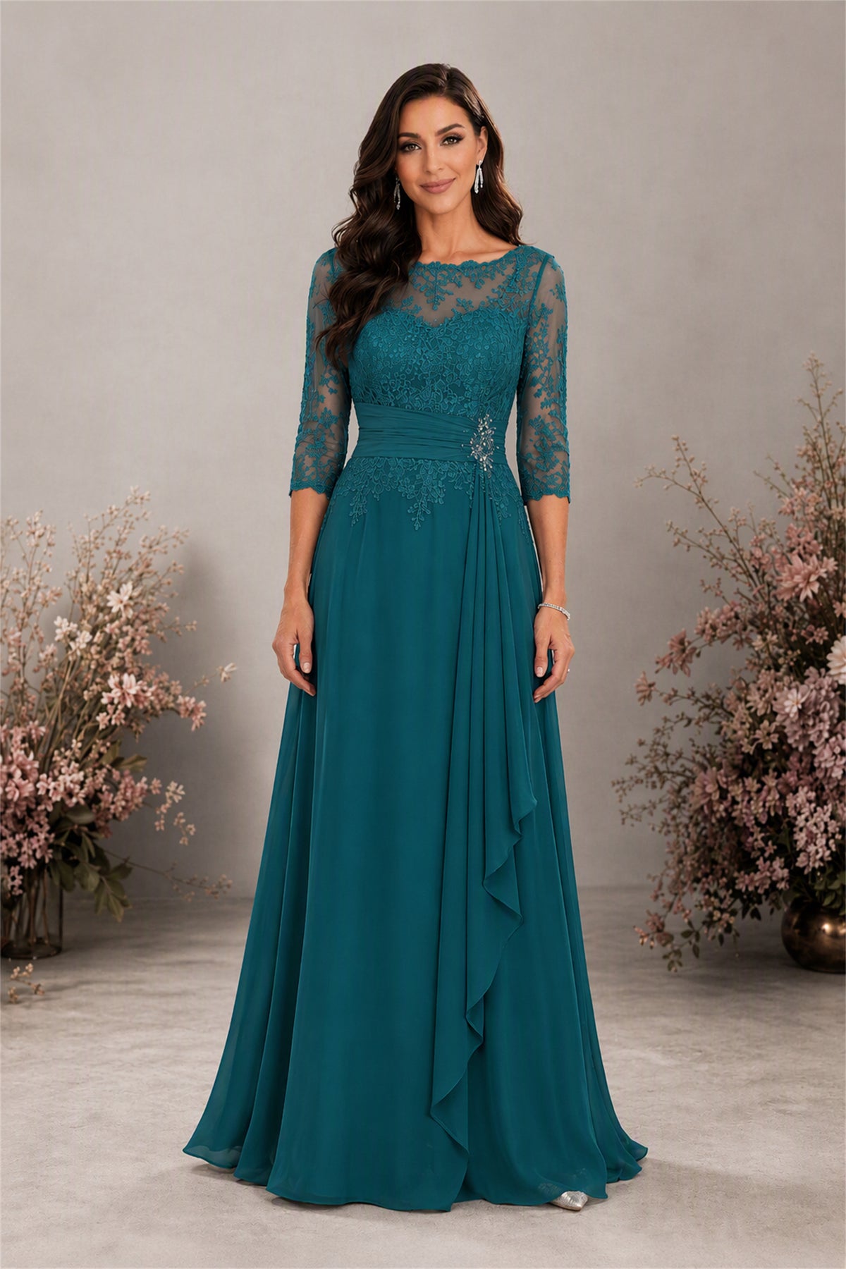 BOLODOO Peacock Chiffon Lace 3/4 Sleeve Floor Length Formal Evening Gown - Peacock
