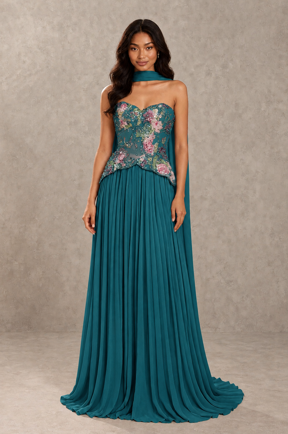 BOLODOO Peacock Strapless Beaded Floral Corset Chiffon Maxi Gown – Open Back Prom & Formal Evening Dress - Peacock - Peacock_01