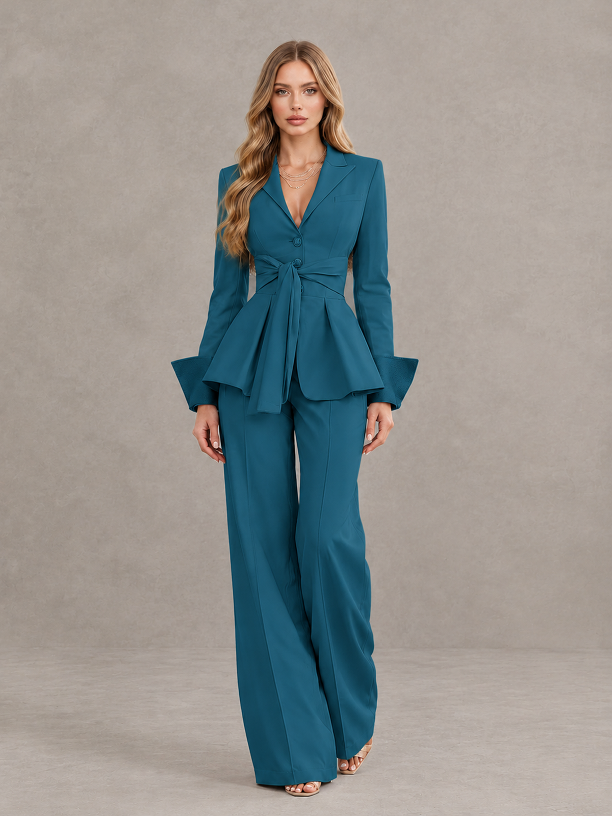 BOLODOO Peacock Belted Peplum Pantsuit with Long Sleeves & Wide-Leg Trousers - Peacock - Peacock_01