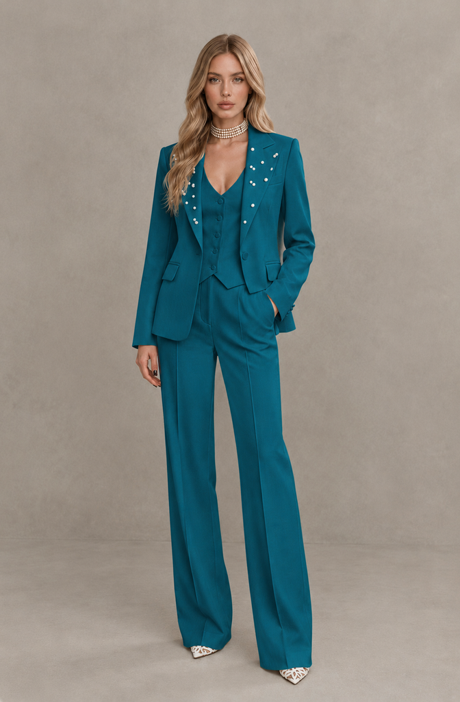 BOLODOO Peacock Women's Three-Piece Pantsuit with Blazer & Vest - Peacock - Peacock_01
