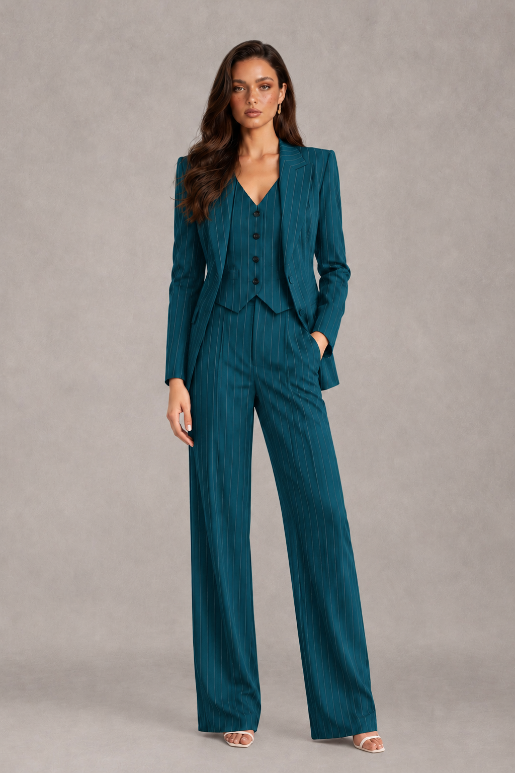 BOLODOO Women's Peacock Pinstripe Three-Piece Pantsuit with Wide-Leg Trousers - Peacock - Peacock_01