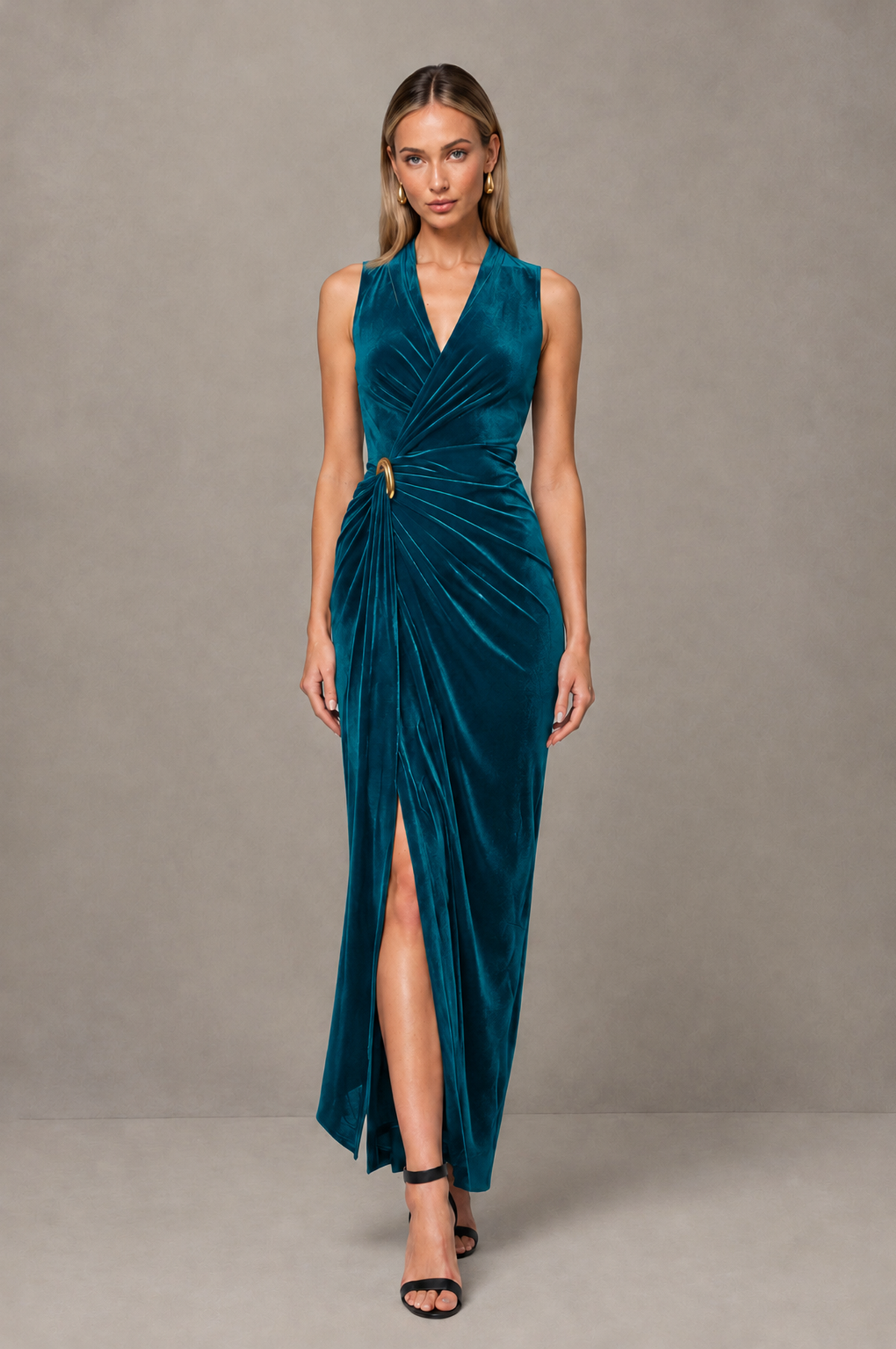 BOLODOO Peacock Velvet-Look Sleeveless V-Neck Ruched Slit Maxi Dress - Peacock - Peacock_01