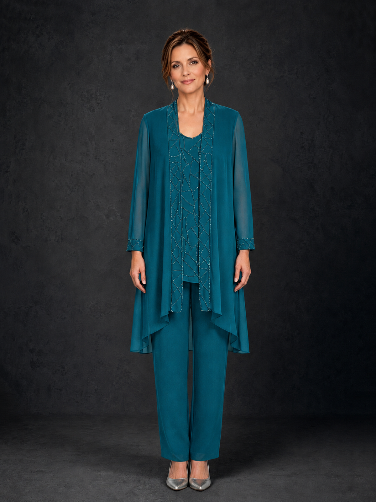 BOLODOO Peacock 3-Piece Beaded Chiffon Duster Jacket Pant Suit - Peacock - Peacock_01