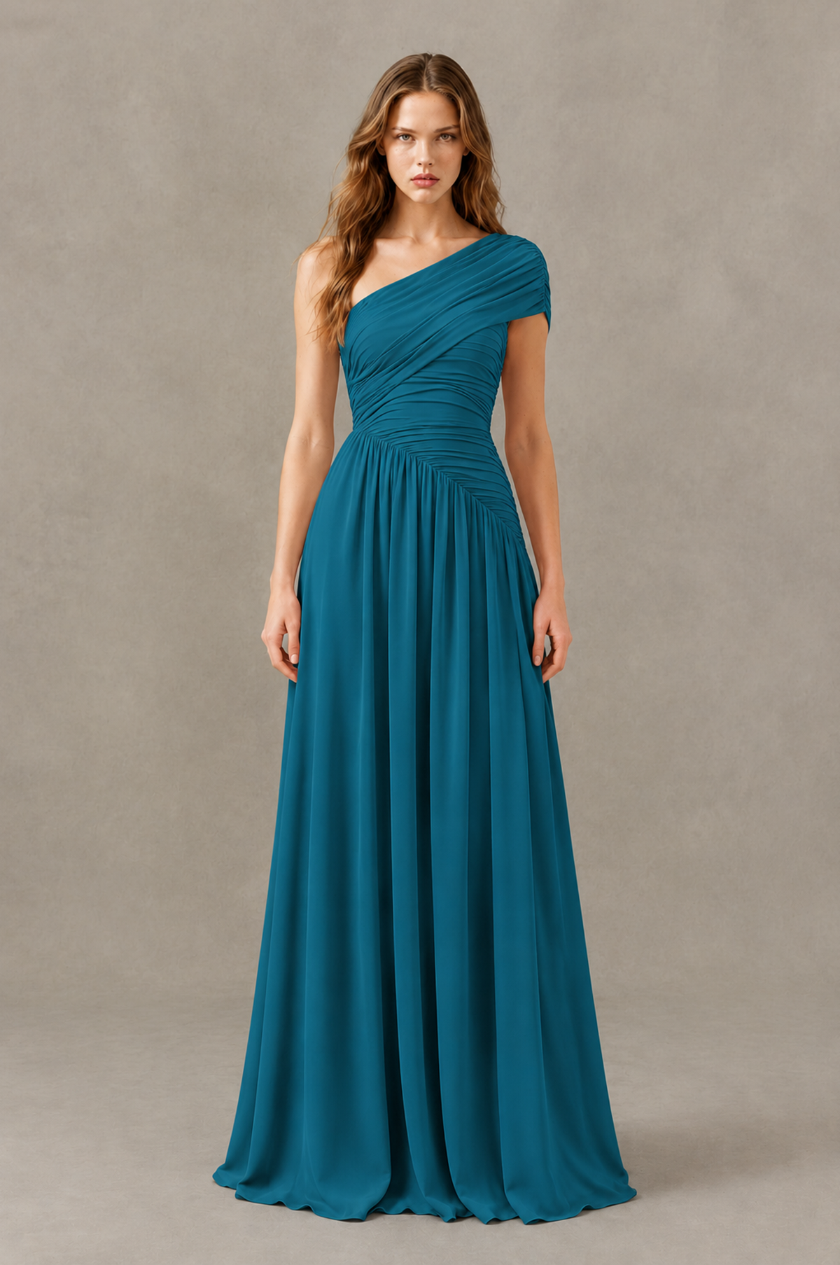 BOLODOO Peacock One-Shoulder Ruched Floor-Length Bridesmaid Dress - Peacock - Peacock_01