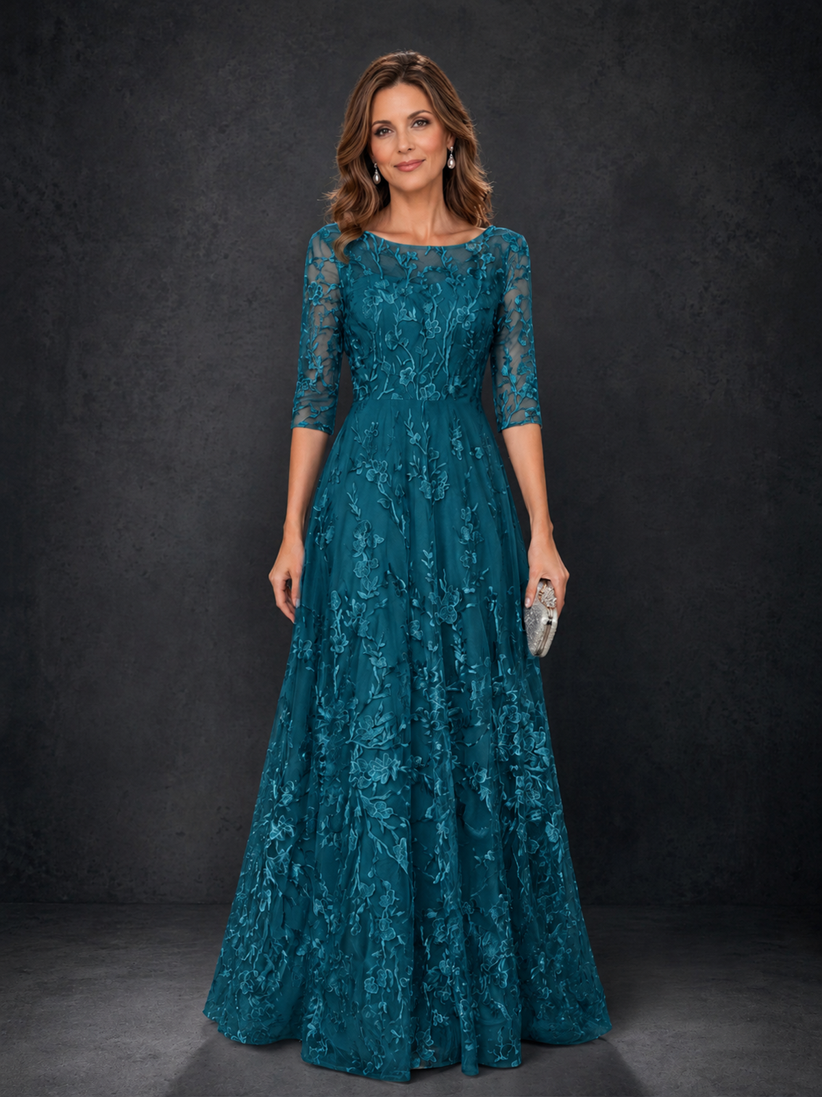 BOLODOO Peacock Illusion Bateau Neck 3/4 Sleeve Floral Lace A-Line Mother of the Bride Dress MX007 - Peacock - Peacock_01
