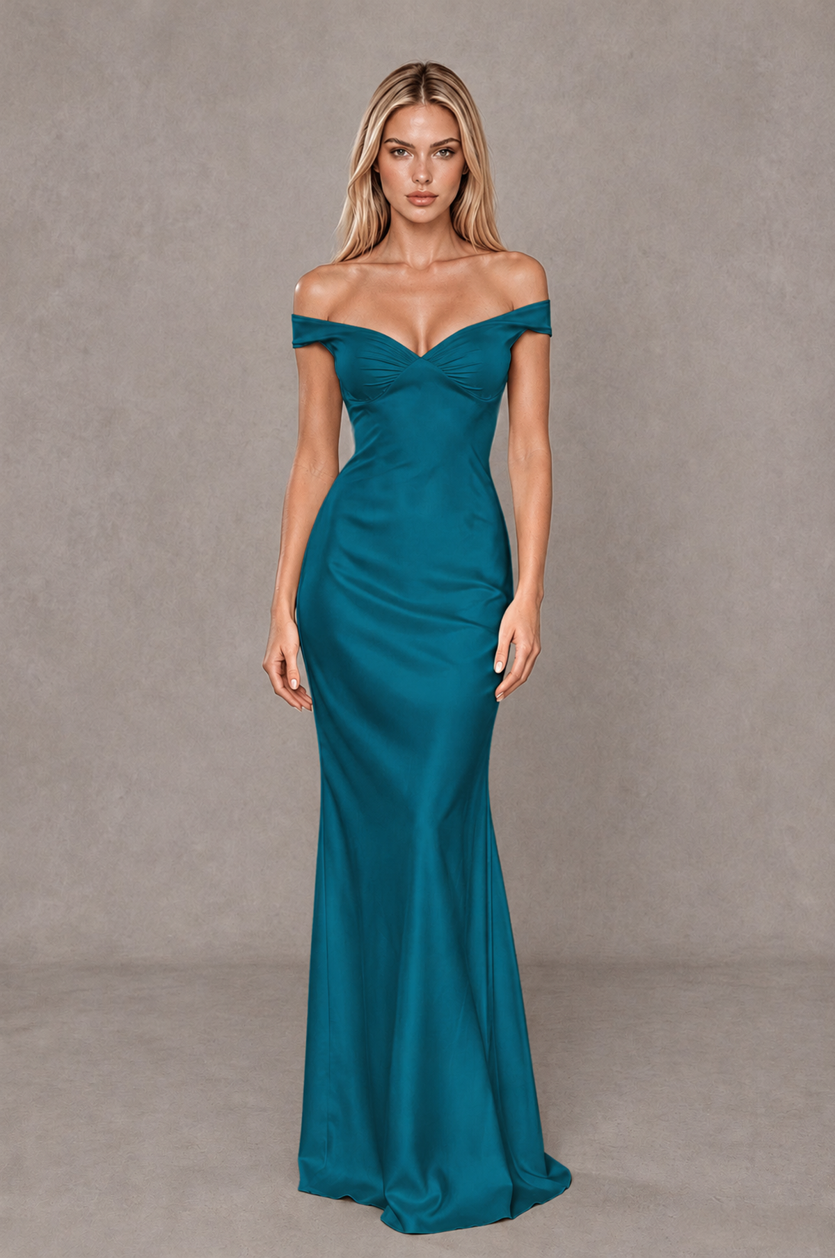 BOLODOO Peacock Off-Shoulder Open-Back Satin Evening Gown - Peacock - Peacock_01