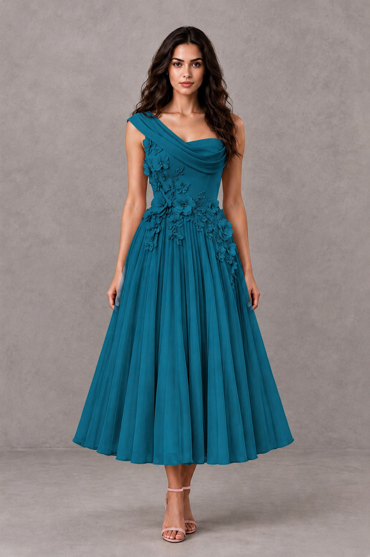 BOLODOO Peacock One-Shoulder Floral Tulle Tea-Length Dress - Peacock - Peacock_01