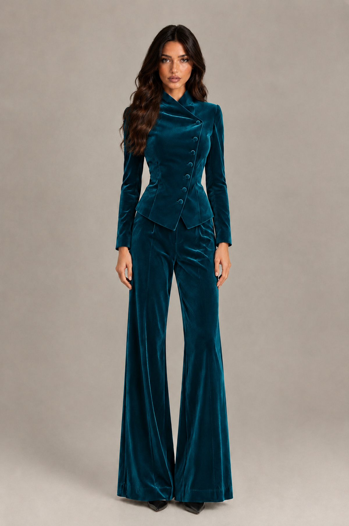 BOLODOO Peacock Velvet Two-Piece Pantsuit with Long Sleeve Blazer & Wide-Leg Trousers - Peacock - Peacock_01