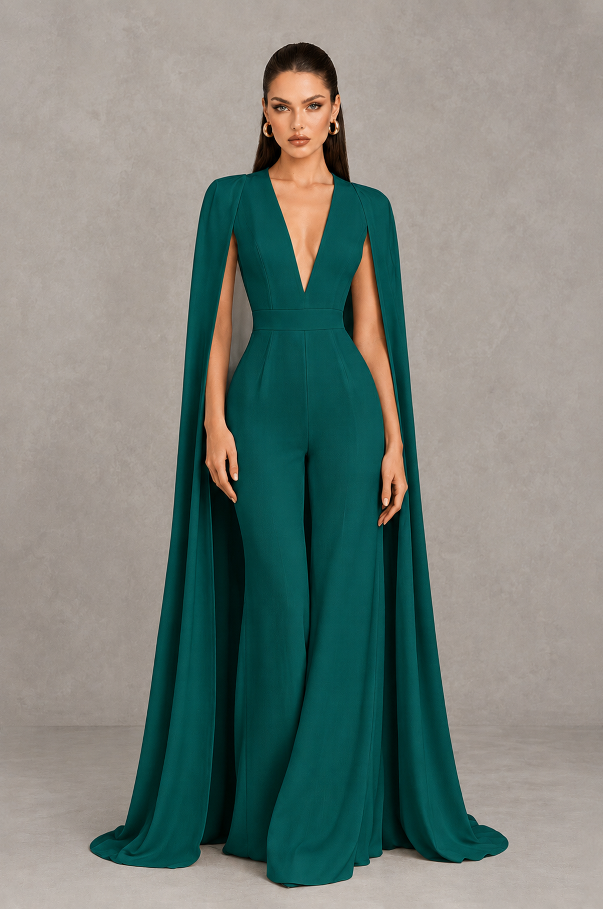 BOLODOO Peacock Deep V-Neck Cape Sleeve Bridal Jumpsuit - Peacock - Peacock_01