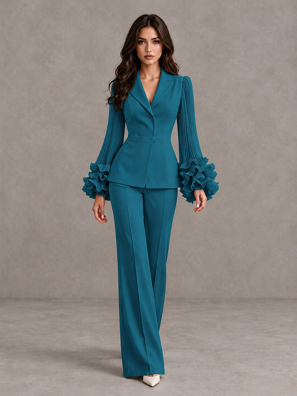 BOLODOO Peacock Mother of the Bride Pant Suit – Pleated Long Sleeve Ruffle Cuff Wide Leg Trouser Suit - Peacock - Peacock_01