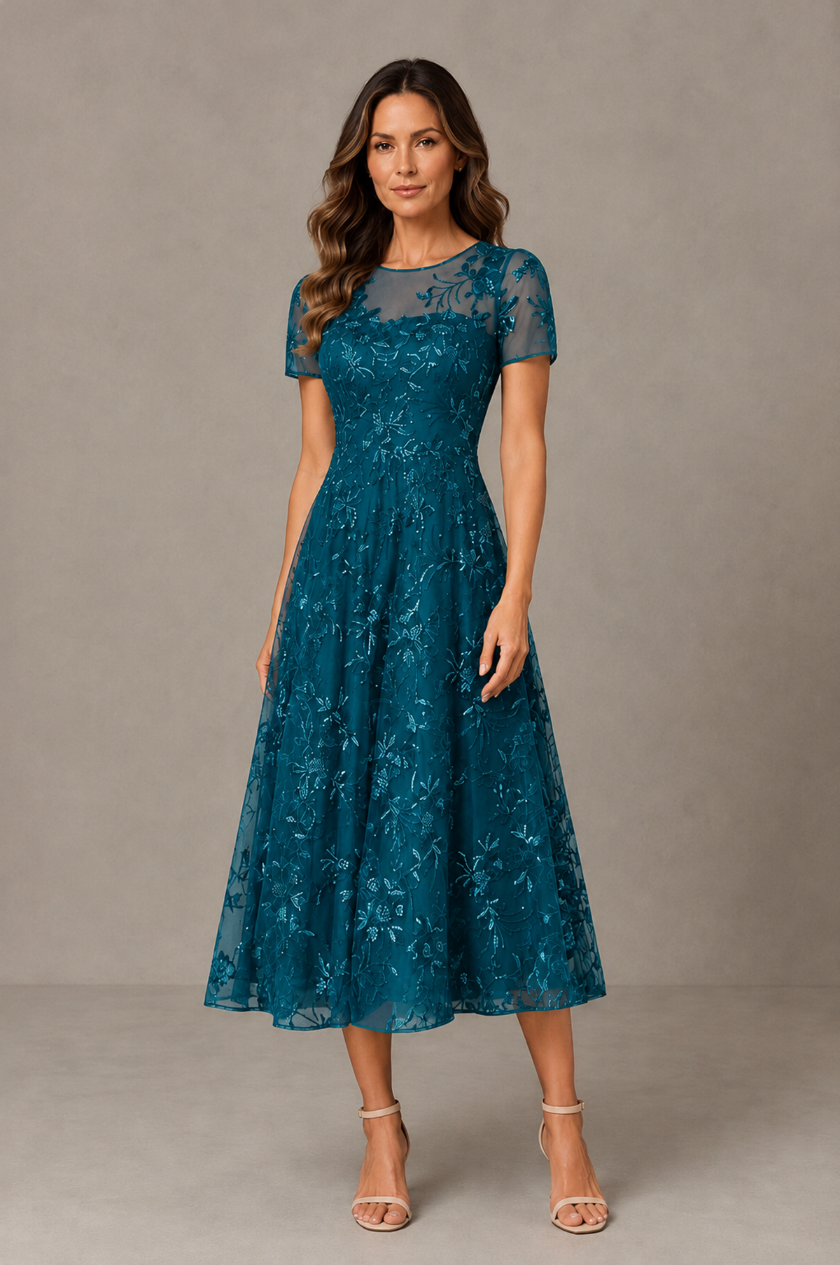BOLODOO Peacock Textured Floral A-Line Dress with Short Sleeves - Peacock - Peacock_01