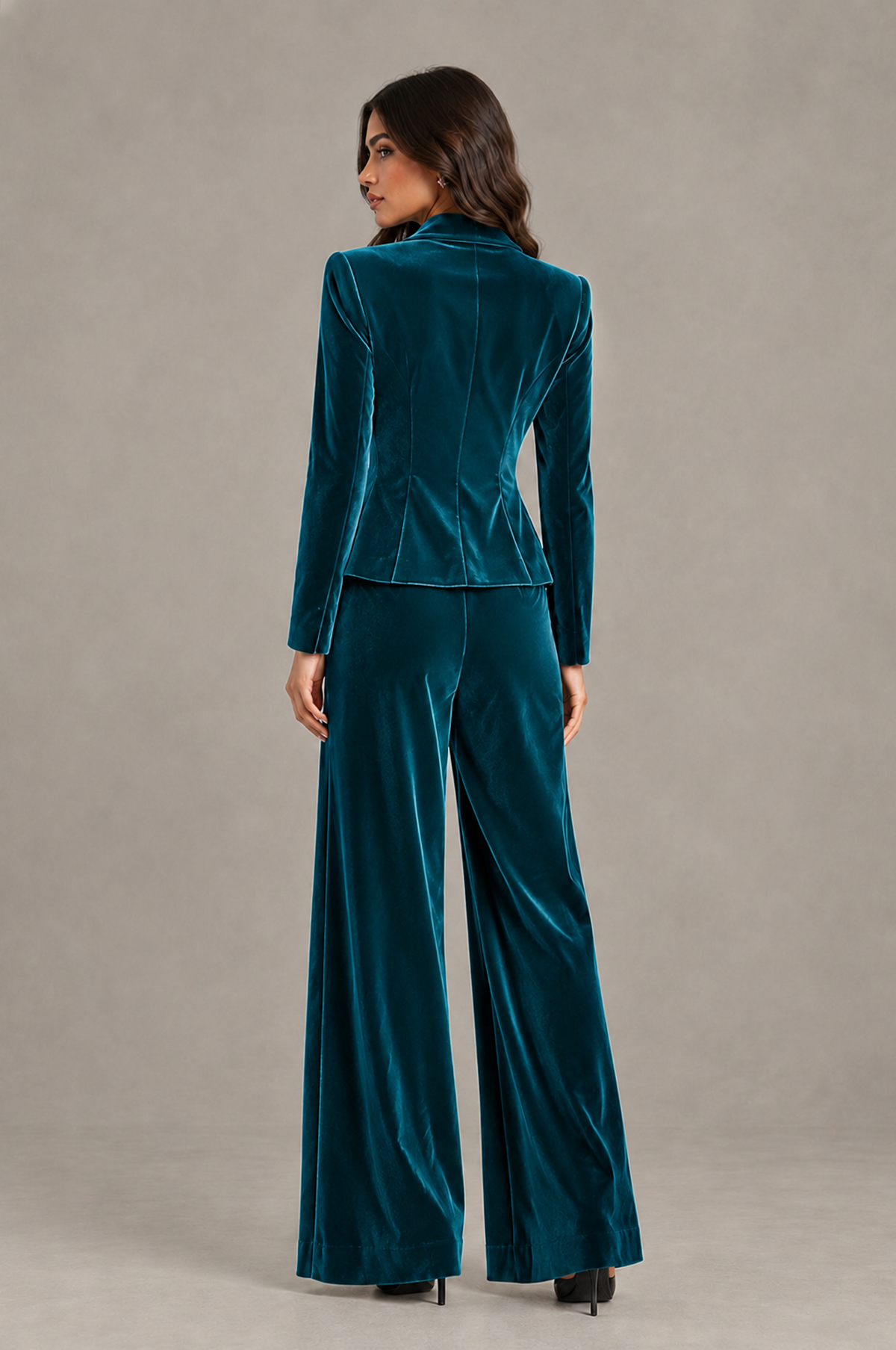 BOLODOO Peacock Velvet Two-Piece Pantsuit with Long Sleeve Blazer & Wide-Leg Trousers - Peacock - Peacock_02