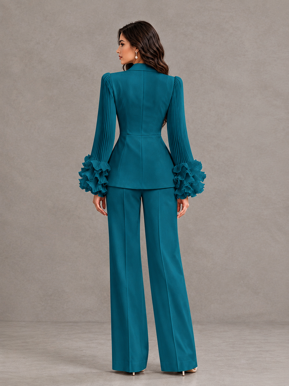 BOLODOO Peacock Mother of the Bride Pant Suit – Pleated Long Sleeve Ruffle Cuff Wide Leg Trouser Suit - Peacock - Peacock_02