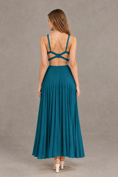BOLODOO Peacock V-Neck Pleated Open-Back Maxi Dress - Peacock - Peacock_02