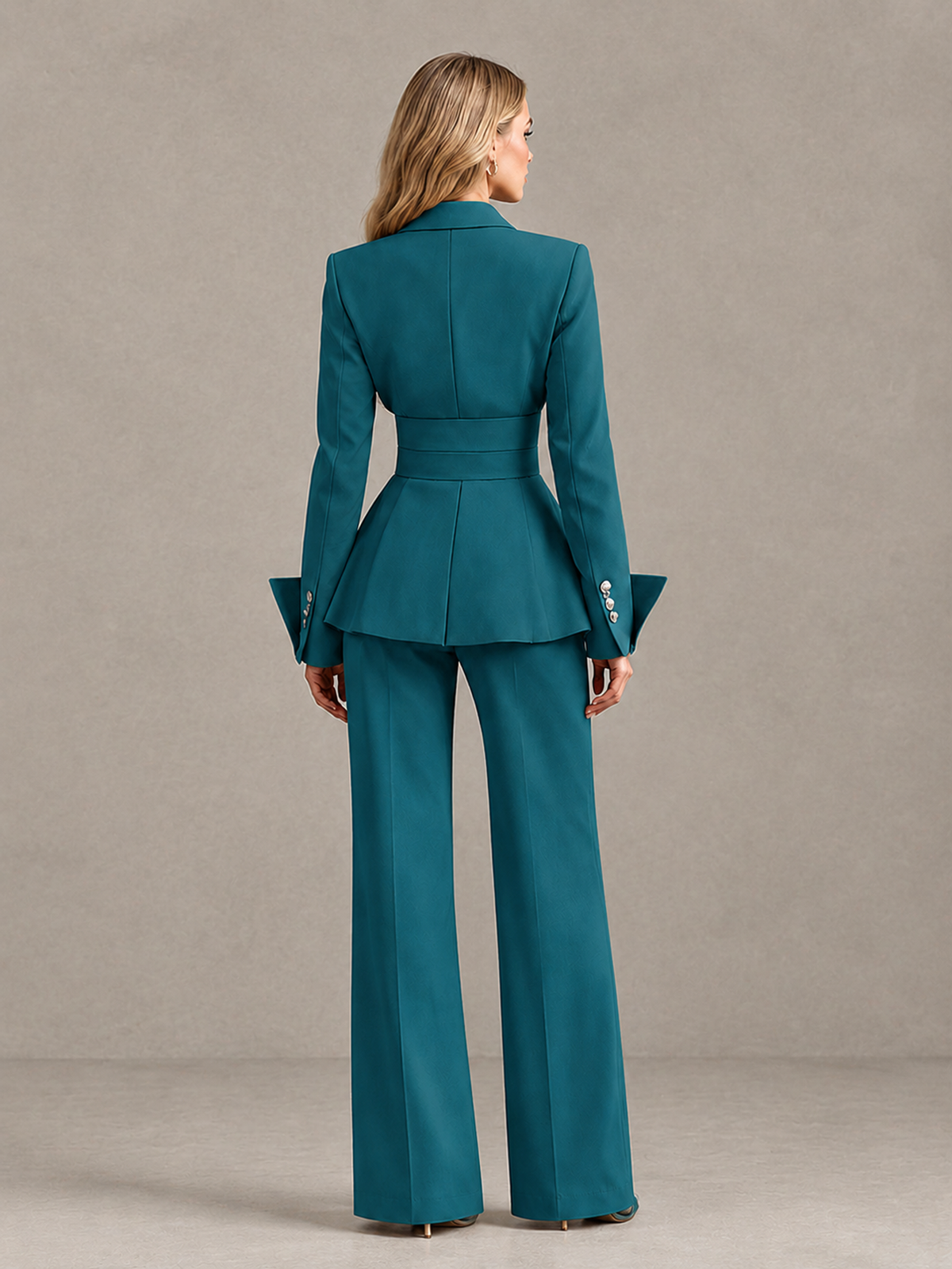 BOLODOO Peacock Belted Peplum Pantsuit with Long Sleeves & Wide-Leg Trousers - Peacock - Peacock_02