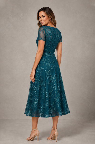 BOLODOO Peacock Textured Floral A-Line Dress with Short Sleeves - Peacock - Peacock_02