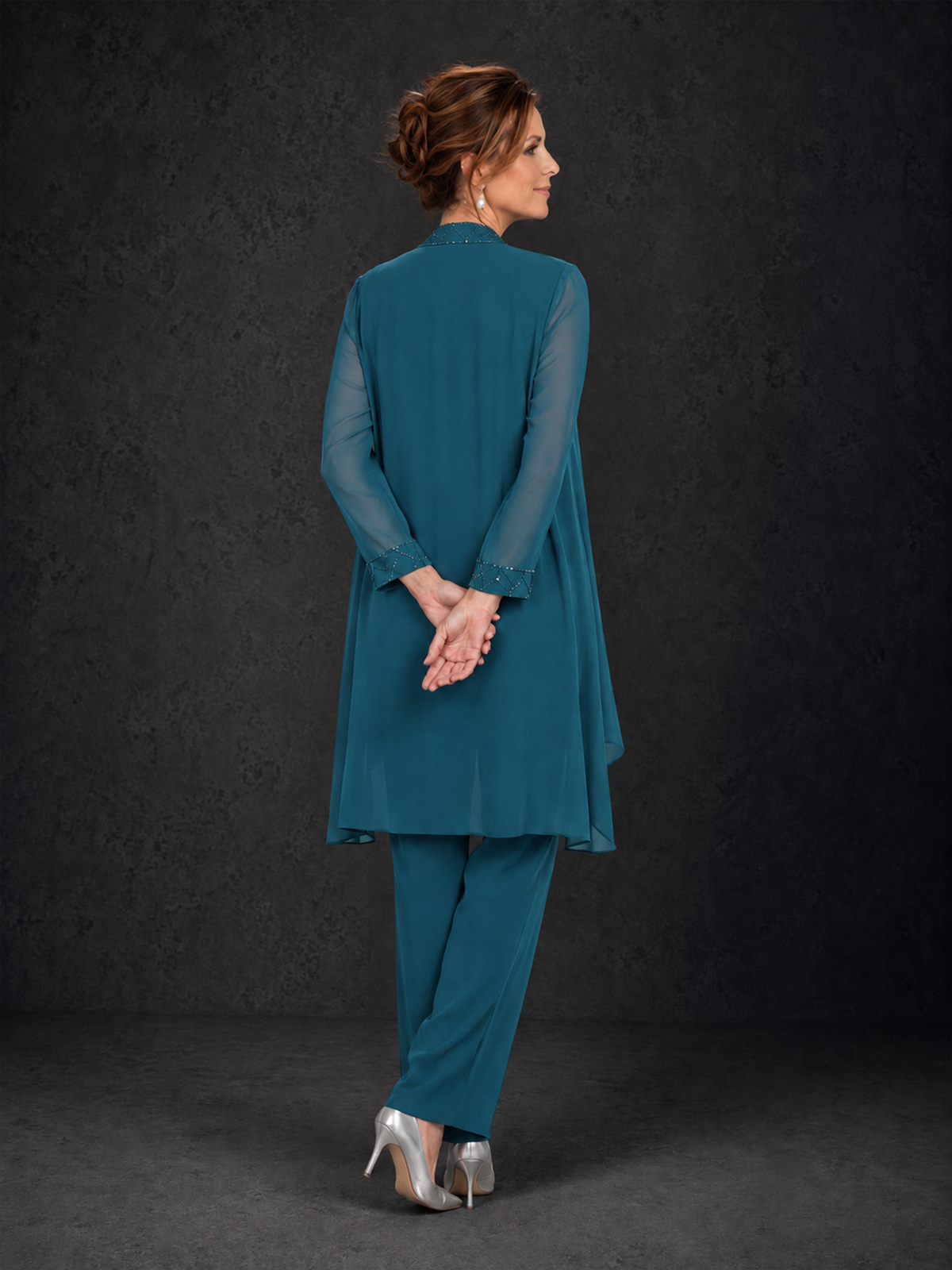 BOLODOO Peacock 3-Piece Beaded Chiffon Duster Jacket Pant Suit - Peacock - Peacock_02