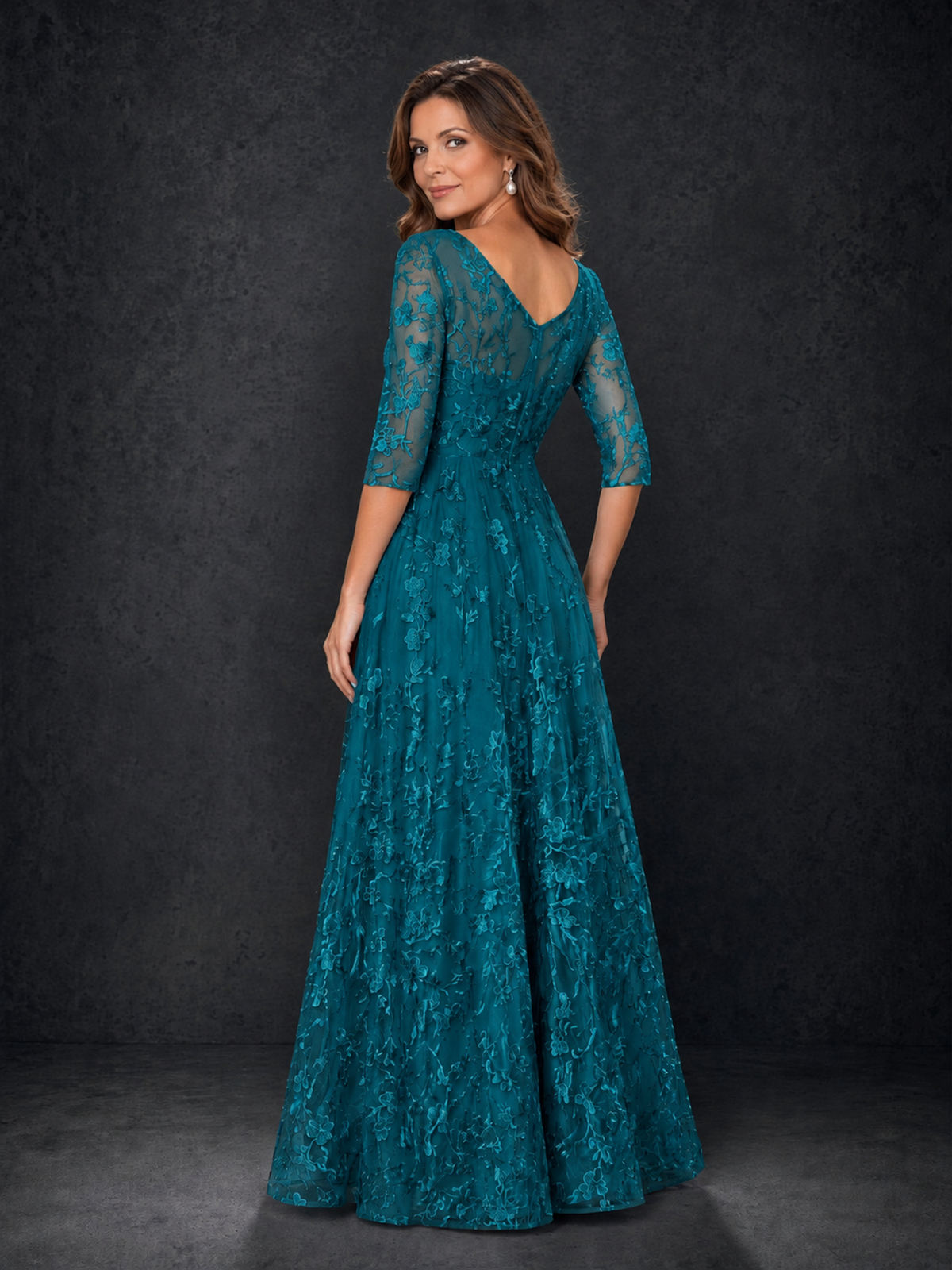 BOLODOO Peacock Illusion Bateau Neck 3/4 Sleeve Floral Lace A-Line Mother of the Bride Dress MX007 - Peacock - Peacock_02