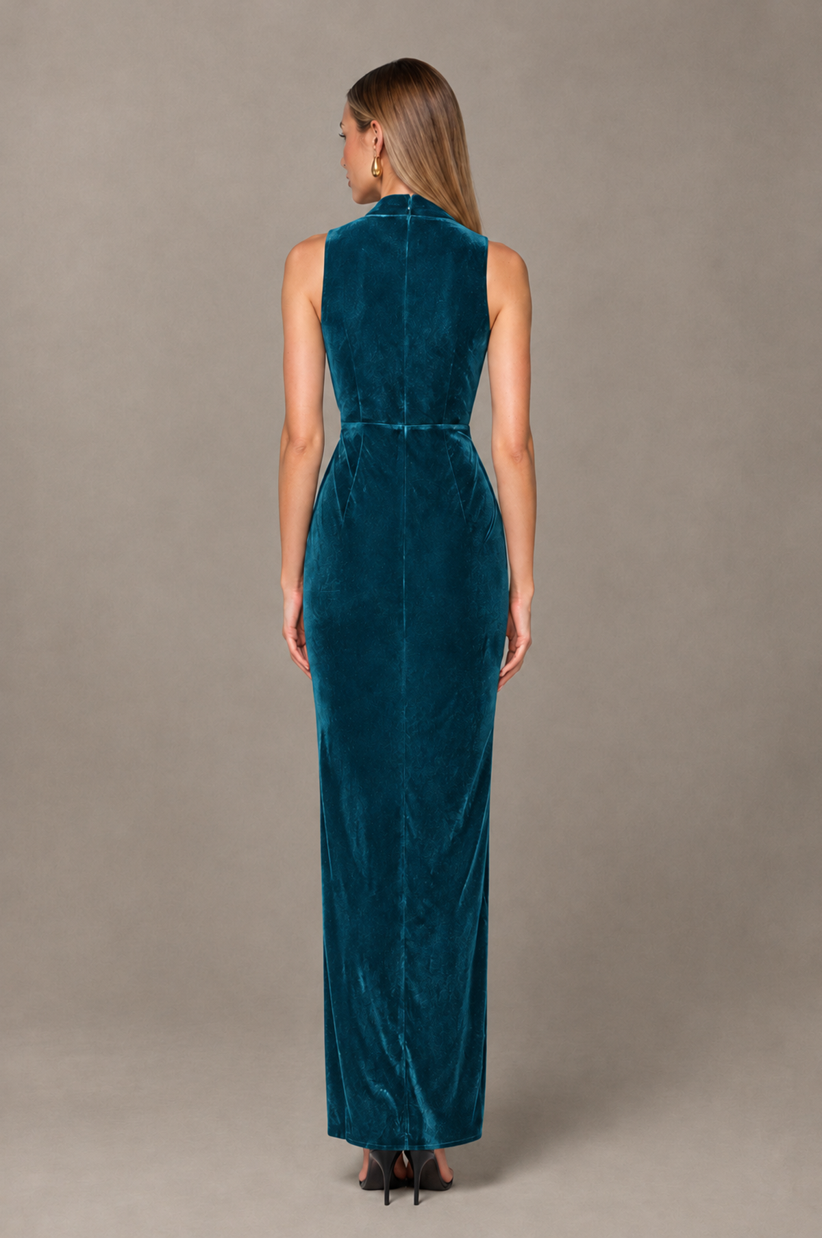 BOLODOO Peacock Velvet-Look Sleeveless V-Neck Ruched Slit Maxi Dress - Peacock - Peacock_02