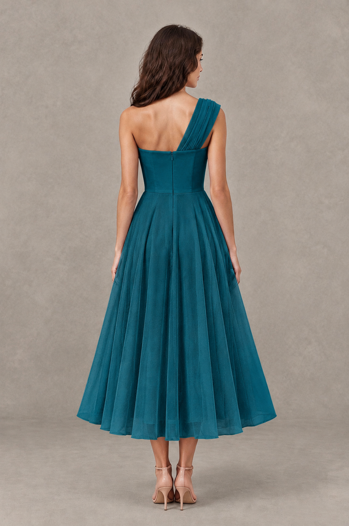 BOLODOO Peacock One-Shoulder Floral Tulle Tea-Length Dress - Peacock - Peacock_02