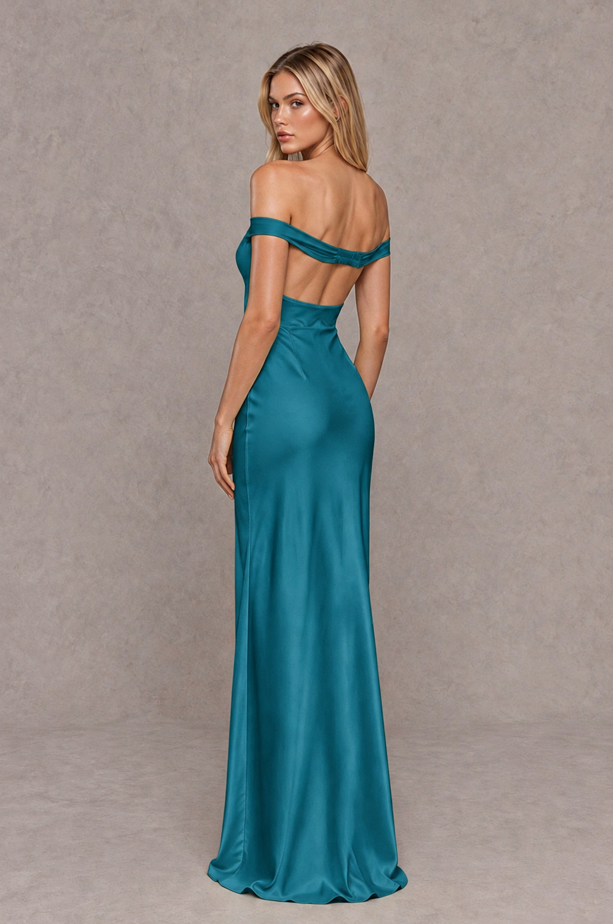 BOLODOO Peacock Off-Shoulder Open-Back Satin Evening Gown - Peacock - Peacock_02