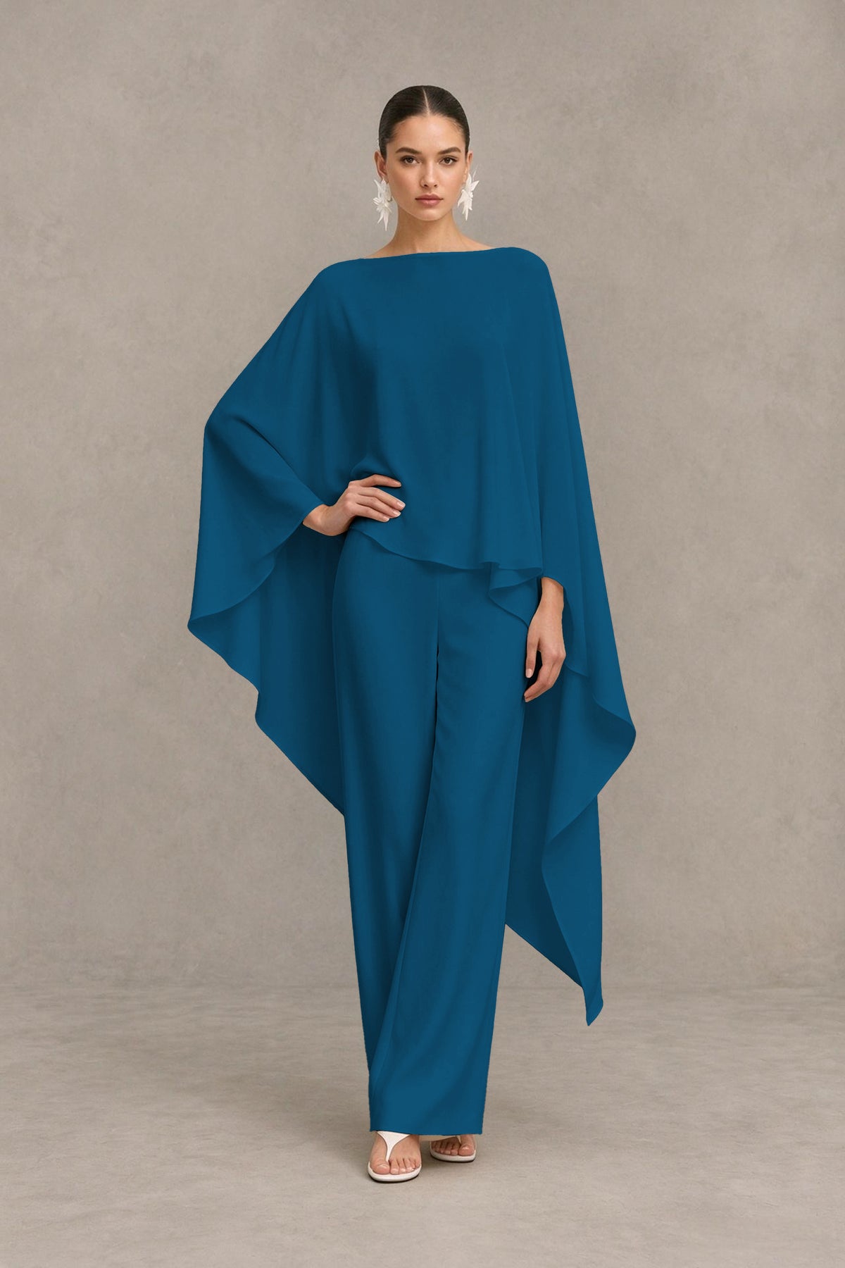 BOLODOO Peacock Cape Sleeve Wide-Leg Formal Pantsuit - Peacock - Peacock_03