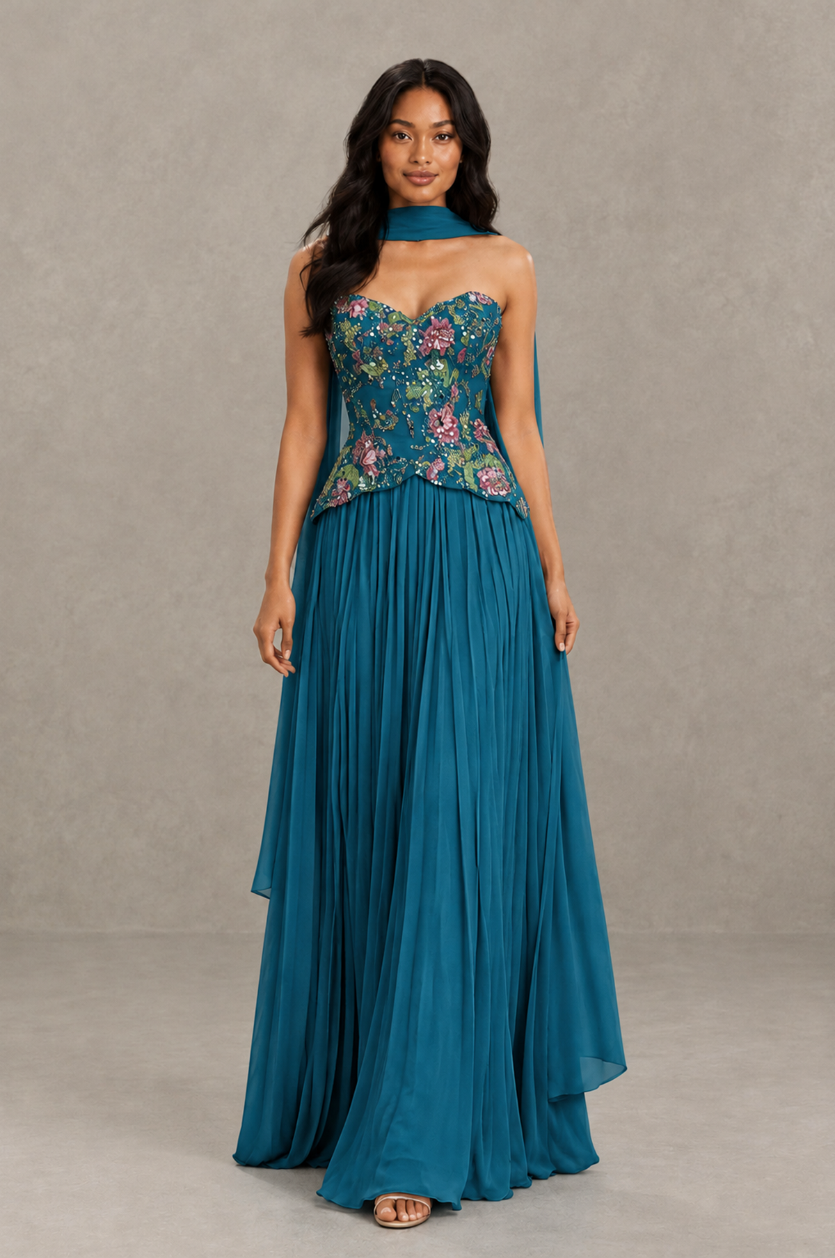 BOLODOO Peacock Strapless Beaded Floral Corset Chiffon Maxi Gown – Open Back Prom & Formal Evening Dress - Peacock - Peacock_03