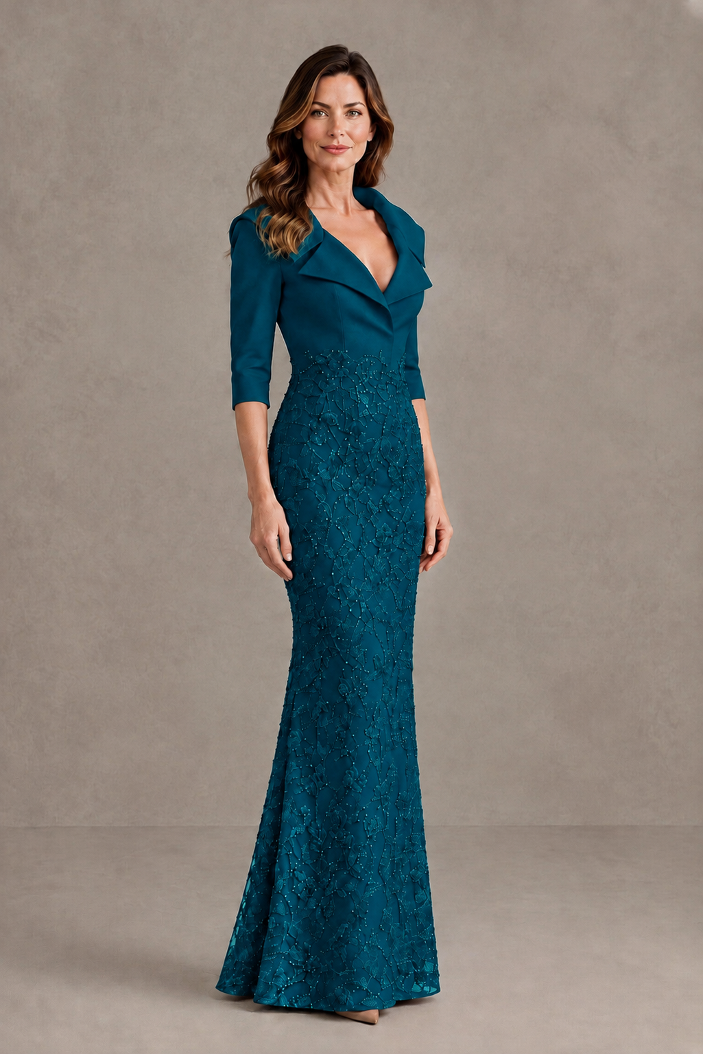 BOLODOO Peacock Three-Quarter Sleeve Mermaid Evening Dress with Floral Detail - Peacock - Peacock_03