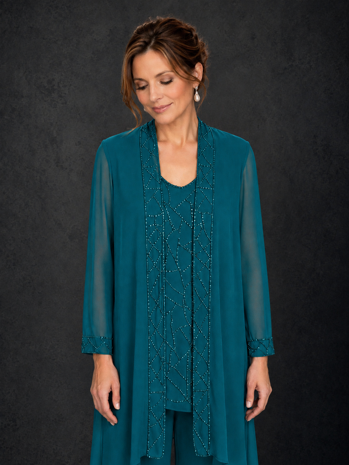 BOLODOO Peacock 3-Piece Beaded Chiffon Duster Jacket Pant Suit - Peacock - Peacock_03