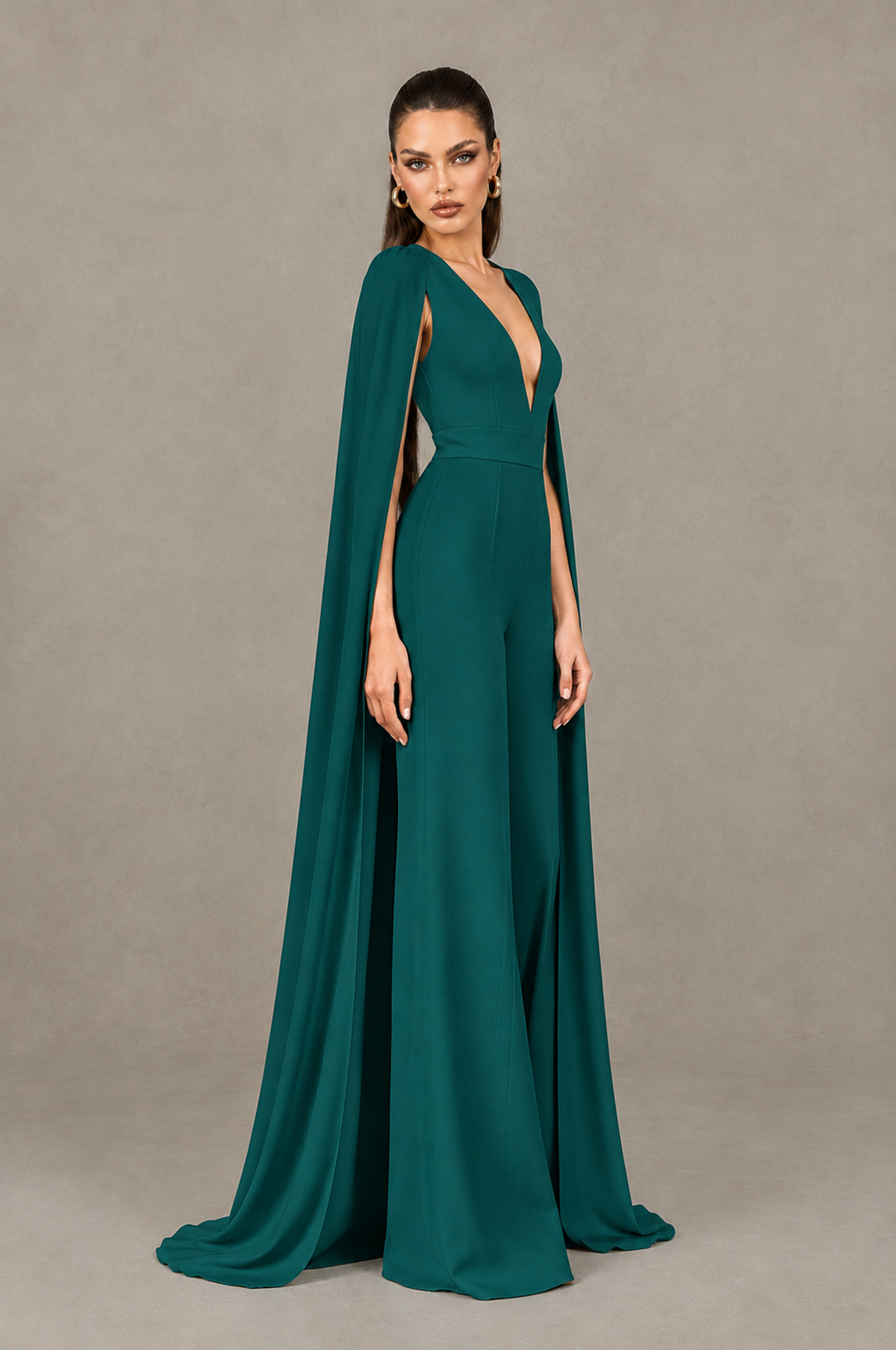 BOLODOO Peacock Deep V-Neck Cape Sleeve Bridal Jumpsuit - Peacock - Peacock_03