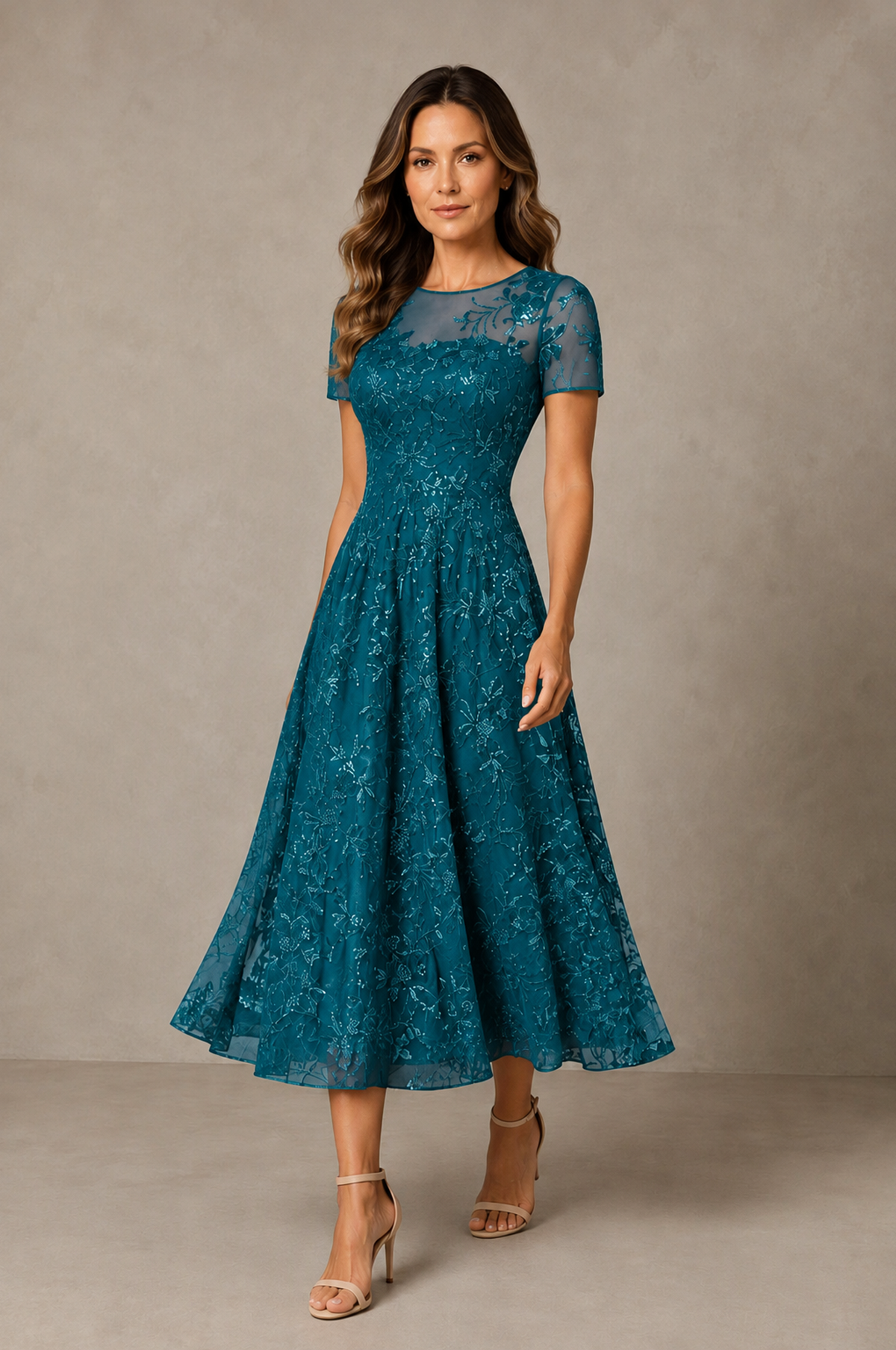 BOLODOO Peacock Textured Floral A-Line Dress with Short Sleeves - Peacock - Peacock_03