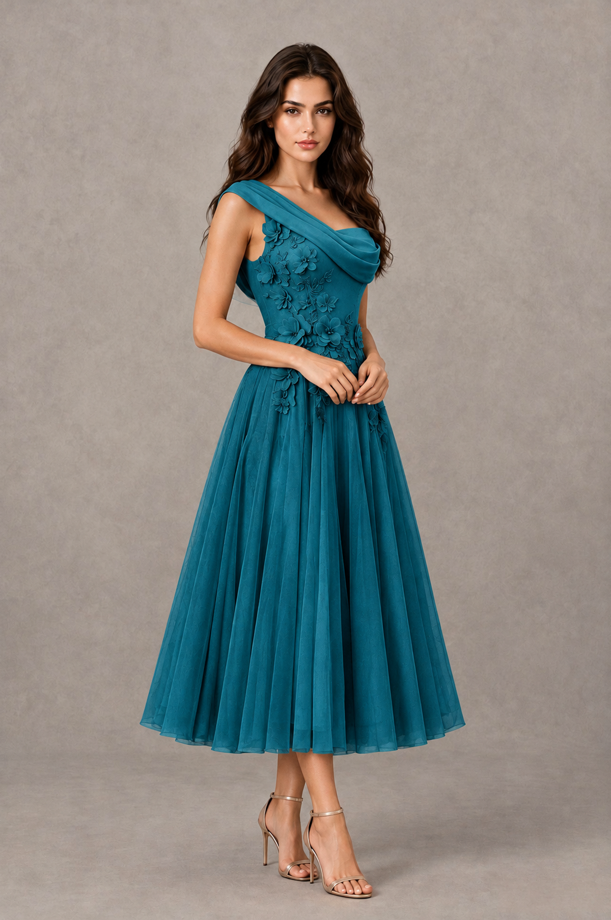 BOLODOO Peacock One-Shoulder Floral Tulle Tea-Length Dress - Peacock - Peacock_03