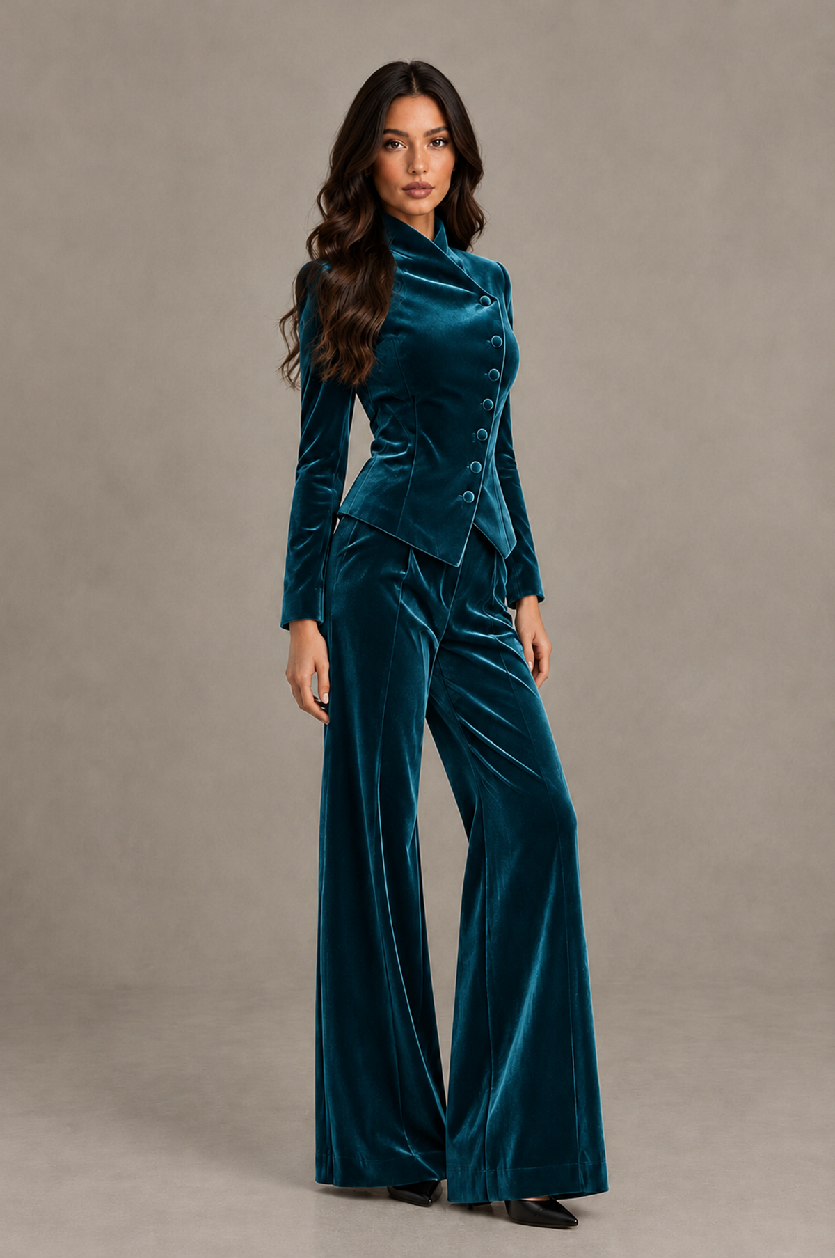 BOLODOO Peacock Velvet Two-Piece Pantsuit with Long Sleeve Blazer & Wide-Leg Trousers - Peacock - Peacock_03