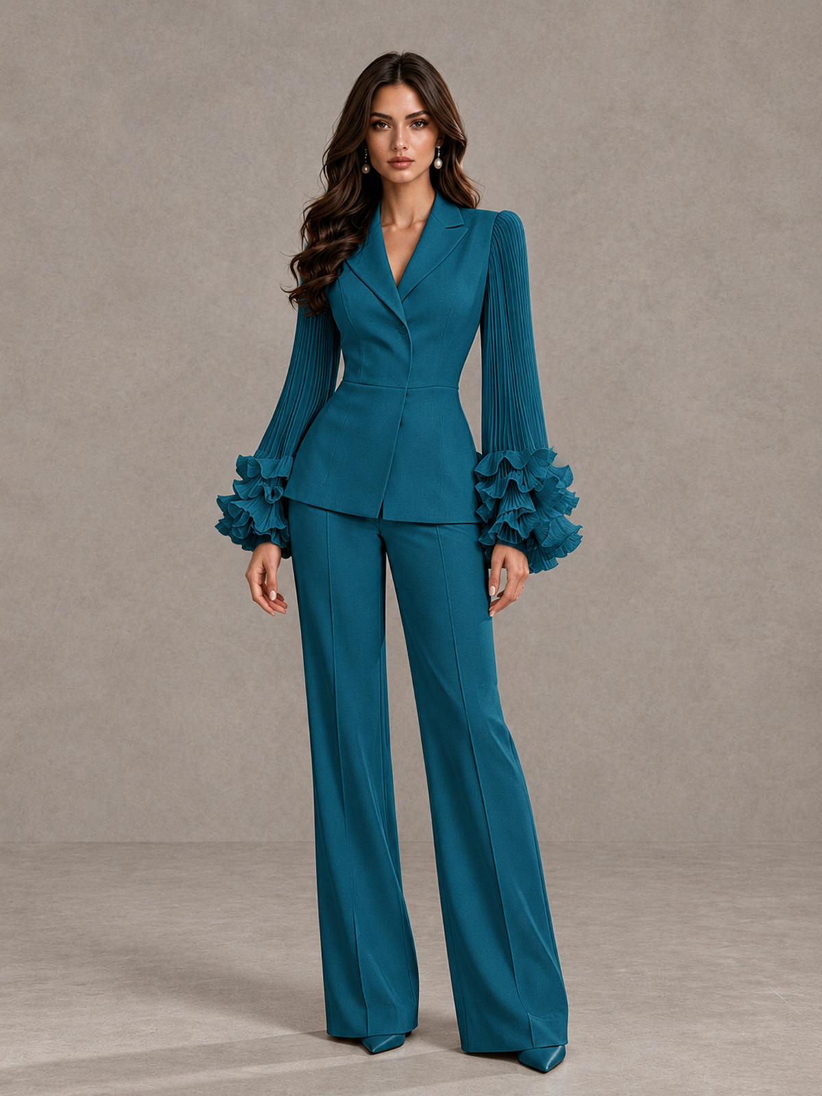 BOLODOO Peacock Mother of the Bride Pant Suit – Pleated Long Sleeve Ruffle Cuff Wide Leg Trouser Suit - Peacock - Peacock_03
