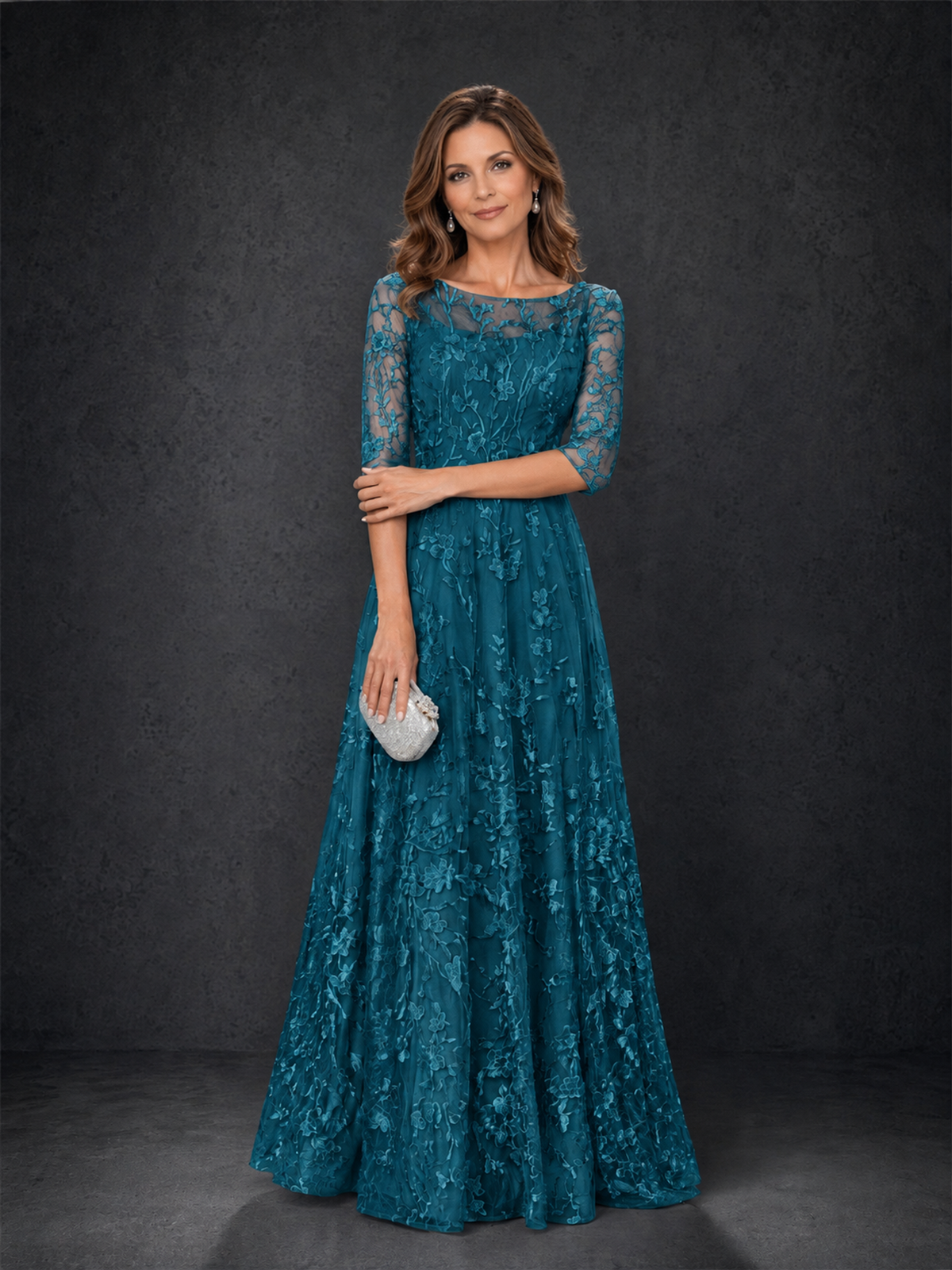 BOLODOO Peacock Illusion Bateau Neck 3/4 Sleeve Floral Lace A-Line Mother of the Bride Dress MX007 - Peacock - Peacock_03