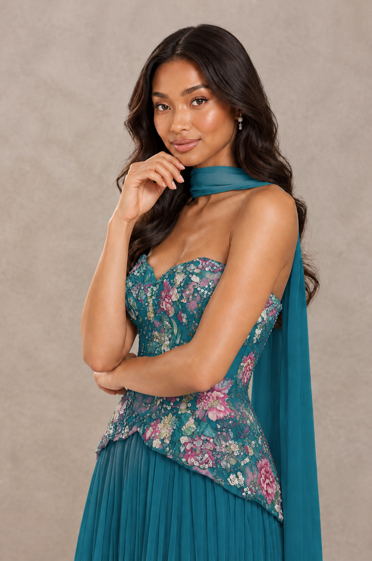 BOLODOO Peacock Strapless Beaded Floral Corset Chiffon Maxi Gown – Open Back Prom & Formal Evening Dress - Peacock - Peacock_04