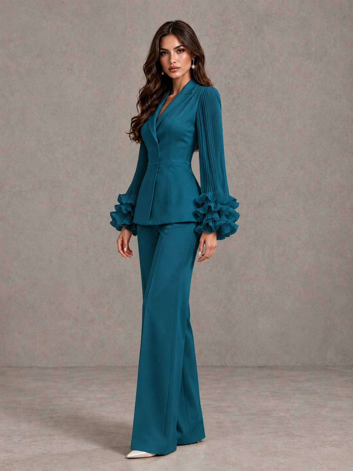 BOLODOO Peacock Mother of the Bride Pant Suit – Pleated Long Sleeve Ruffle Cuff Wide Leg Trouser Suit - Peacock - Peacock_04