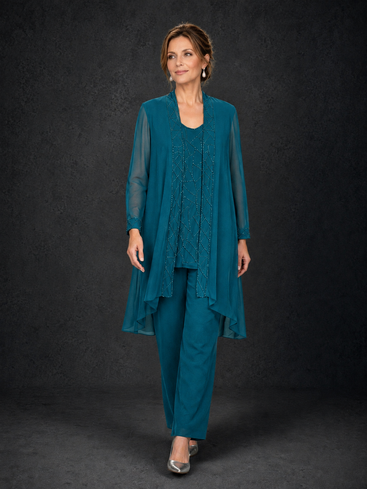 BOLODOO Peacock 3-Piece Beaded Chiffon Duster Jacket Pant Suit - Peacock - Peacock_04
