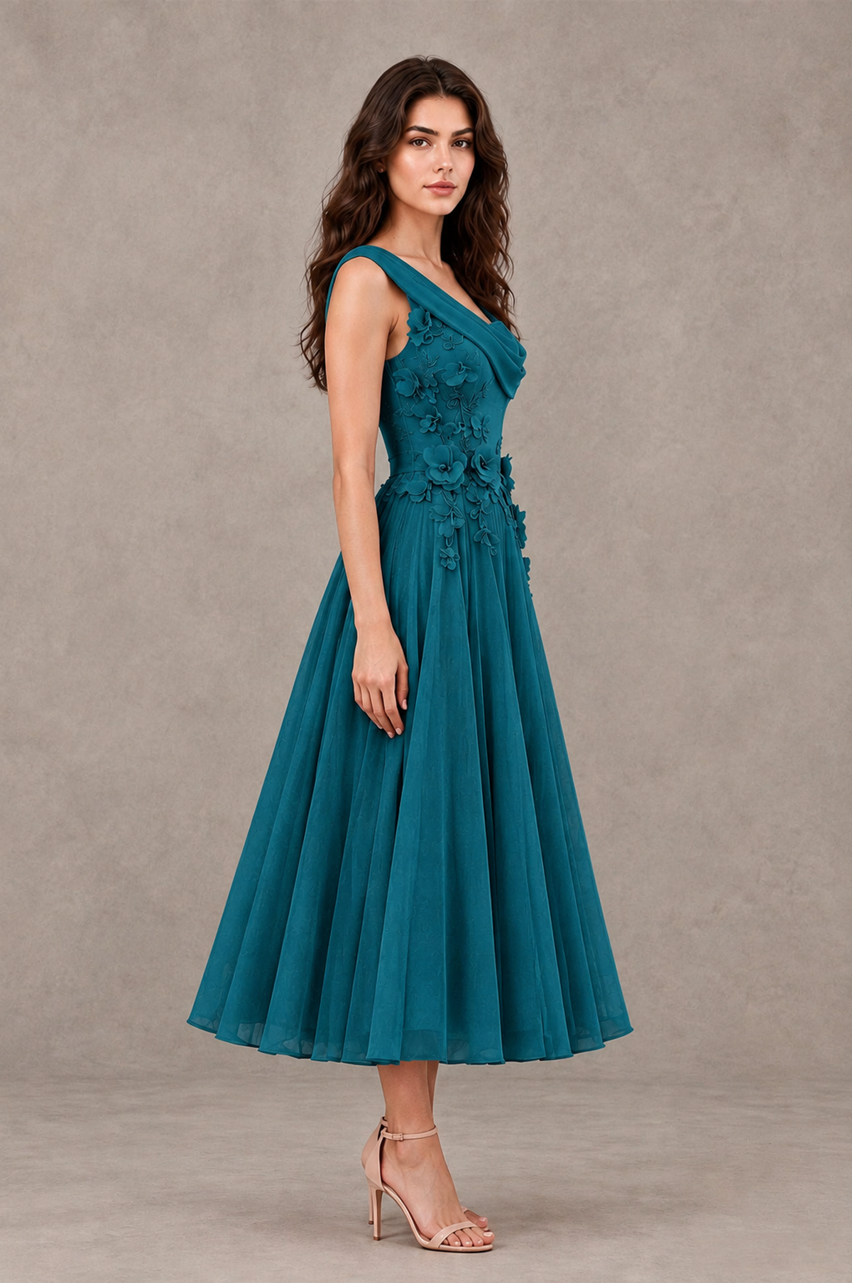 BOLODOO Peacock One-Shoulder Floral Tulle Tea-Length Dress - Peacock - Peacock_04