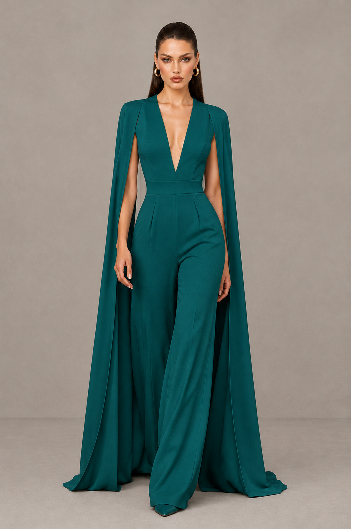 BOLODOO Peacock Deep V-Neck Cape Sleeve Bridal Jumpsuit - Peacock - Peacock_04