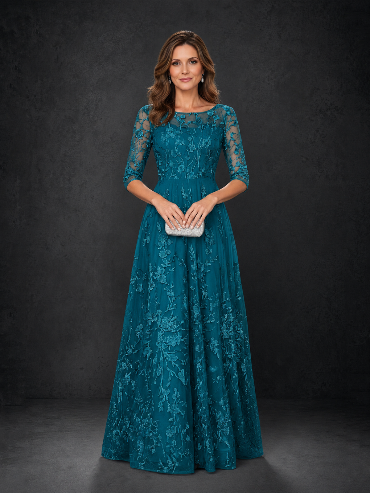 BOLODOO Peacock Illusion Bateau Neck 3/4 Sleeve Floral Lace A-Line Mother of the Bride Dress MX007 - Peacock - Peacock_04