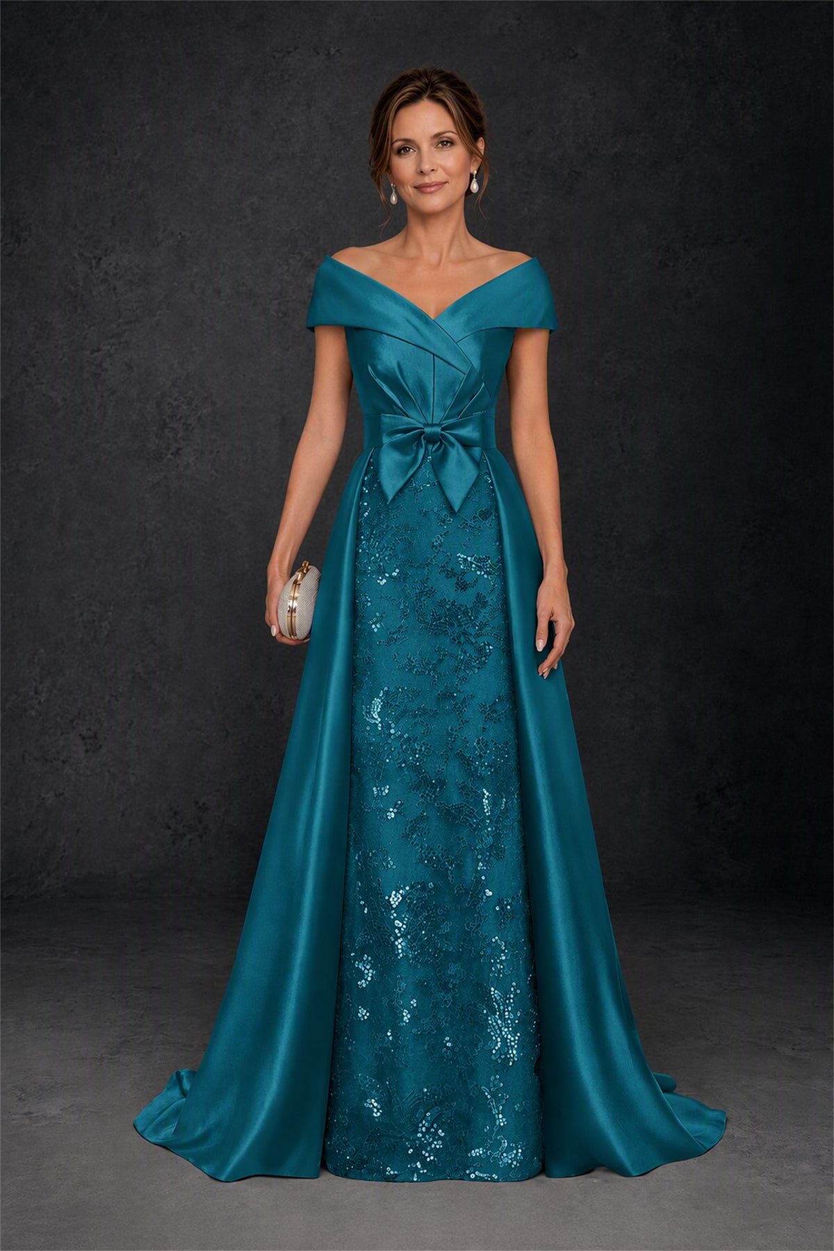 BOLODOO Steel Peacock Off-Shoulder Satin Sequin Lace Mermaid Gown with Detachable Overskirt - Peacock