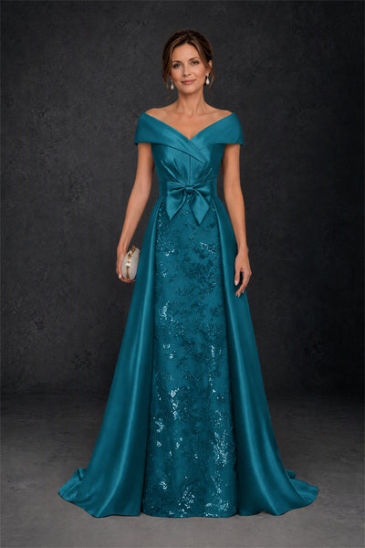BOLODOO Steel Peacock Off-Shoulder Satin Sequin Lace Mermaid Gown with Detachable Overskirt - Peacock