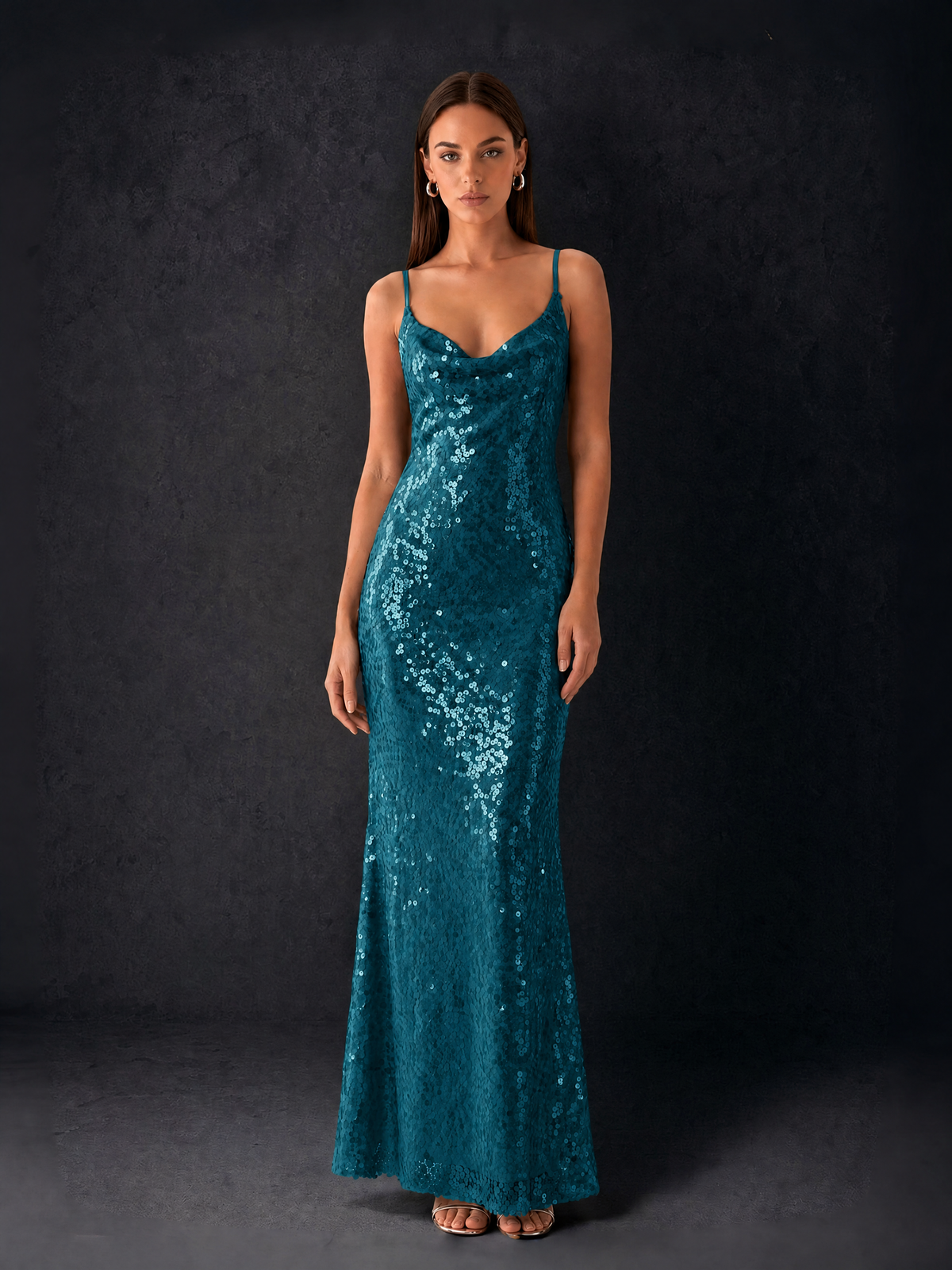 BOLODOO Bronze Sequin Cowl Neck Spaghetti Strap Mermaid Maxi Dress with Open Criss-Cross Back - Peacock - Peacock