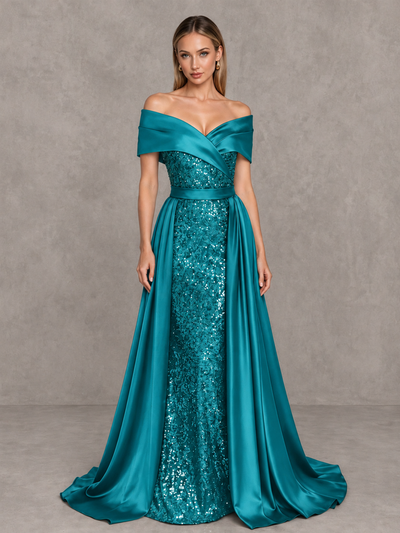 BOLODOO Peacock Sequin Mermaid Evening Dress with Detachable Satin Overskirt and Sweep Train - Peacock - Peacock_1